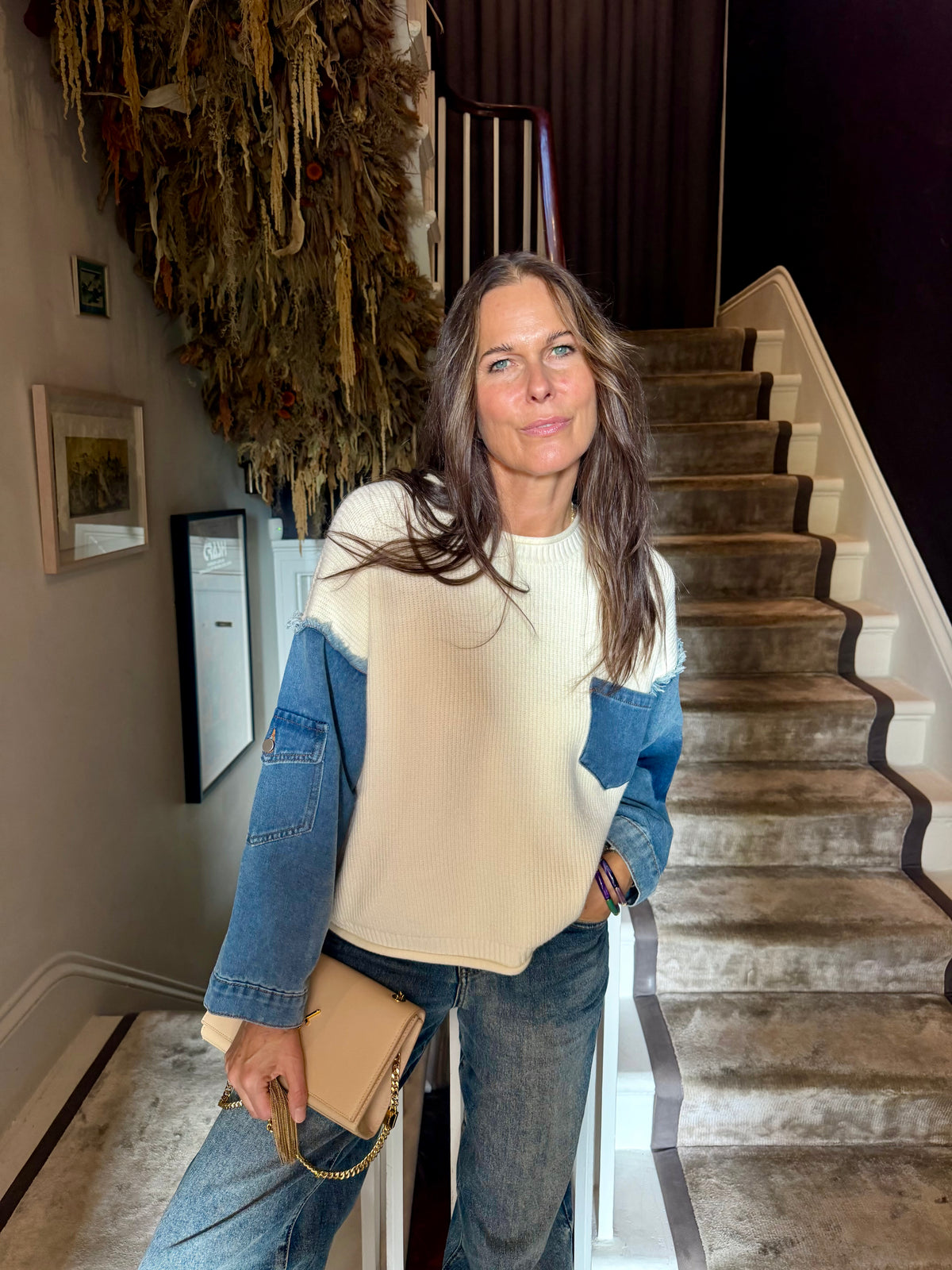 Bronte Knit With Denim Sleeve - Cream