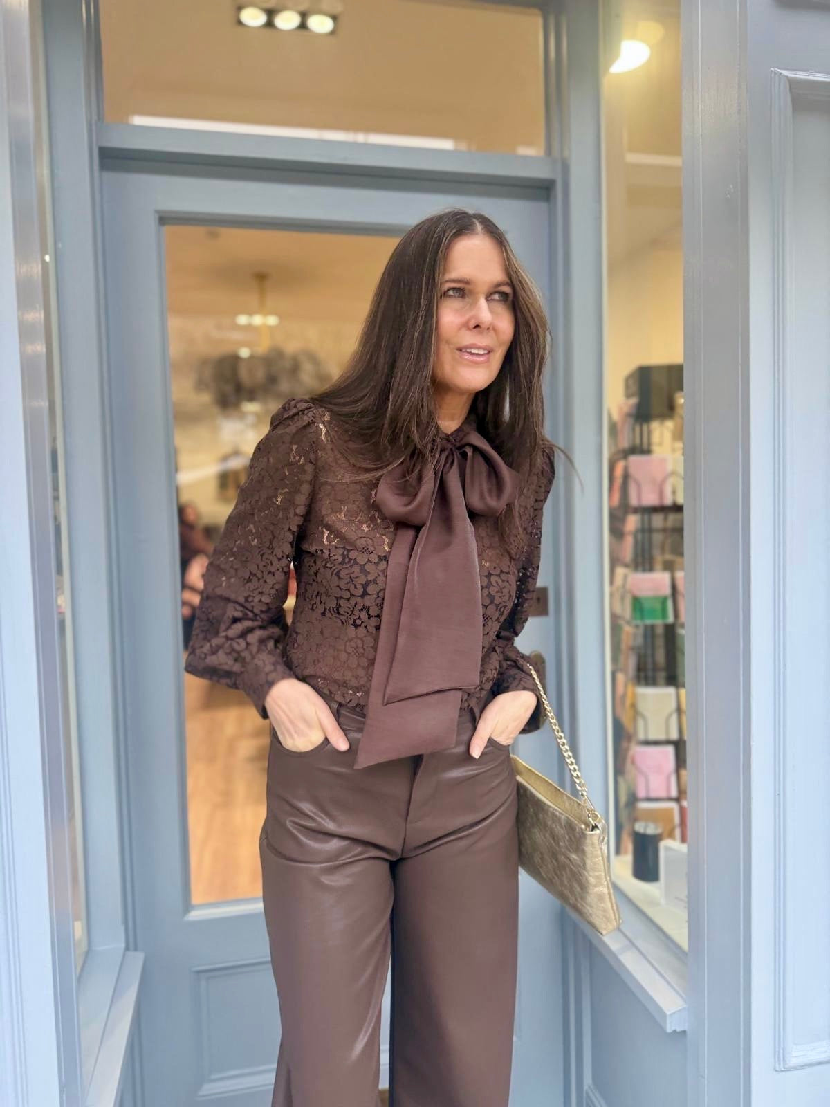 Cara Lace Pussy Bow Blouse - Chocolate