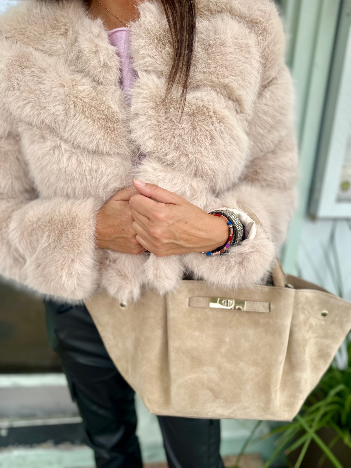 Melli Suede Leather Bag - Stone