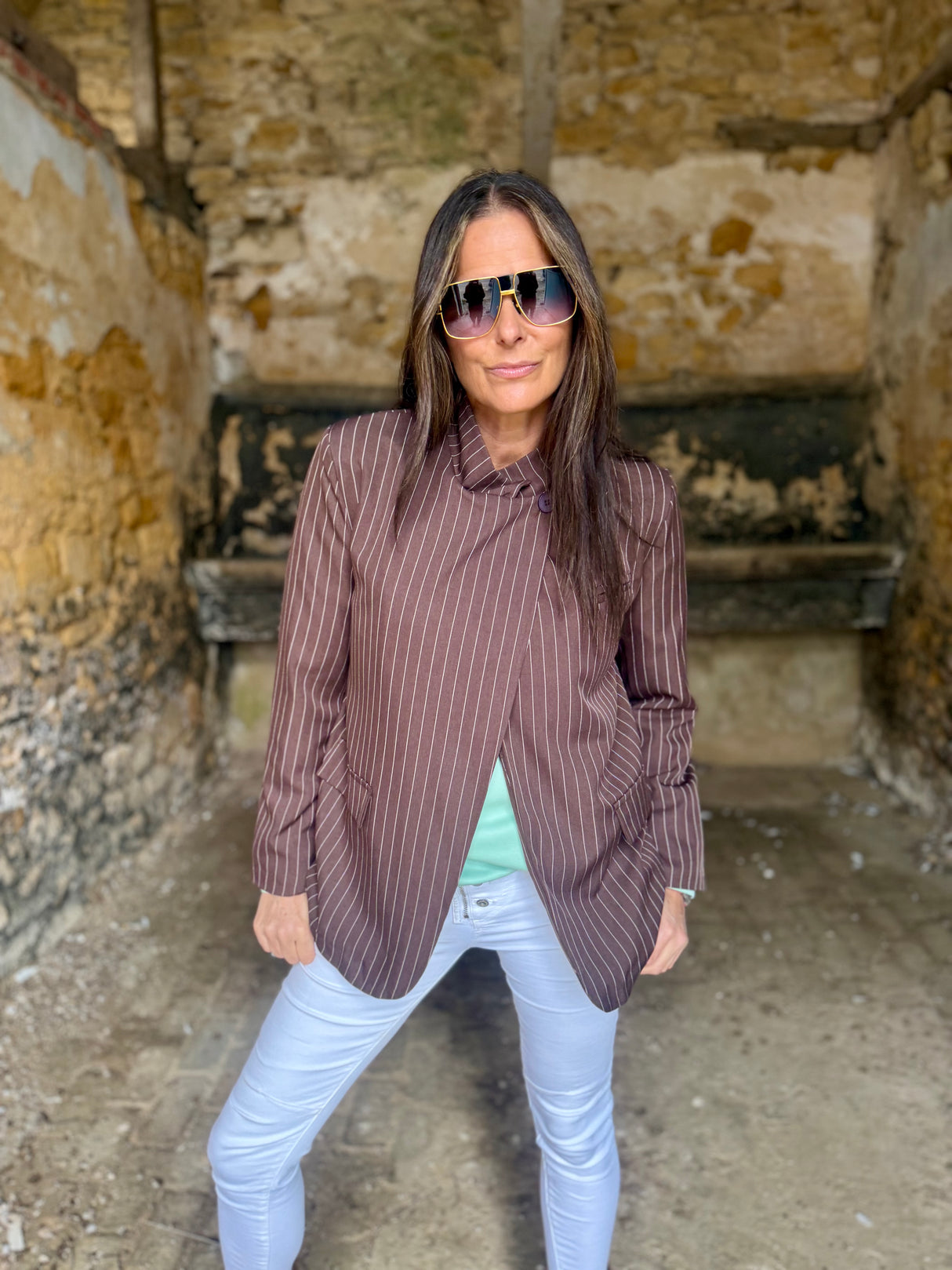 Pinstripe Funnel Neck Blazer - Chocolate