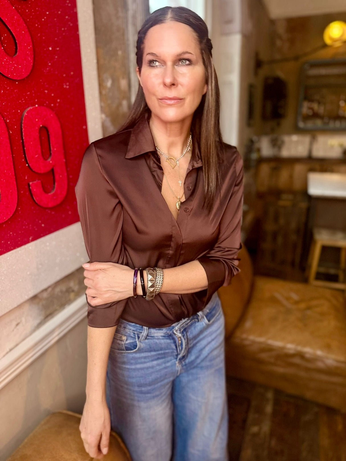 Camille Satin Shirt Chocolate