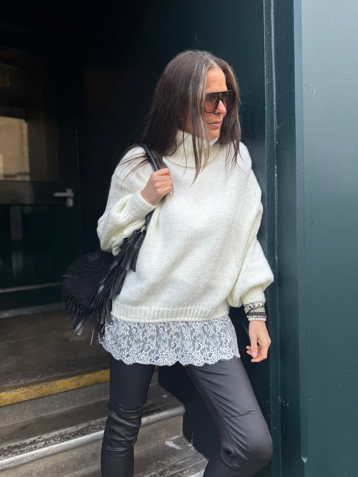 Arabella Lace Roll Neck Jumper - Cream