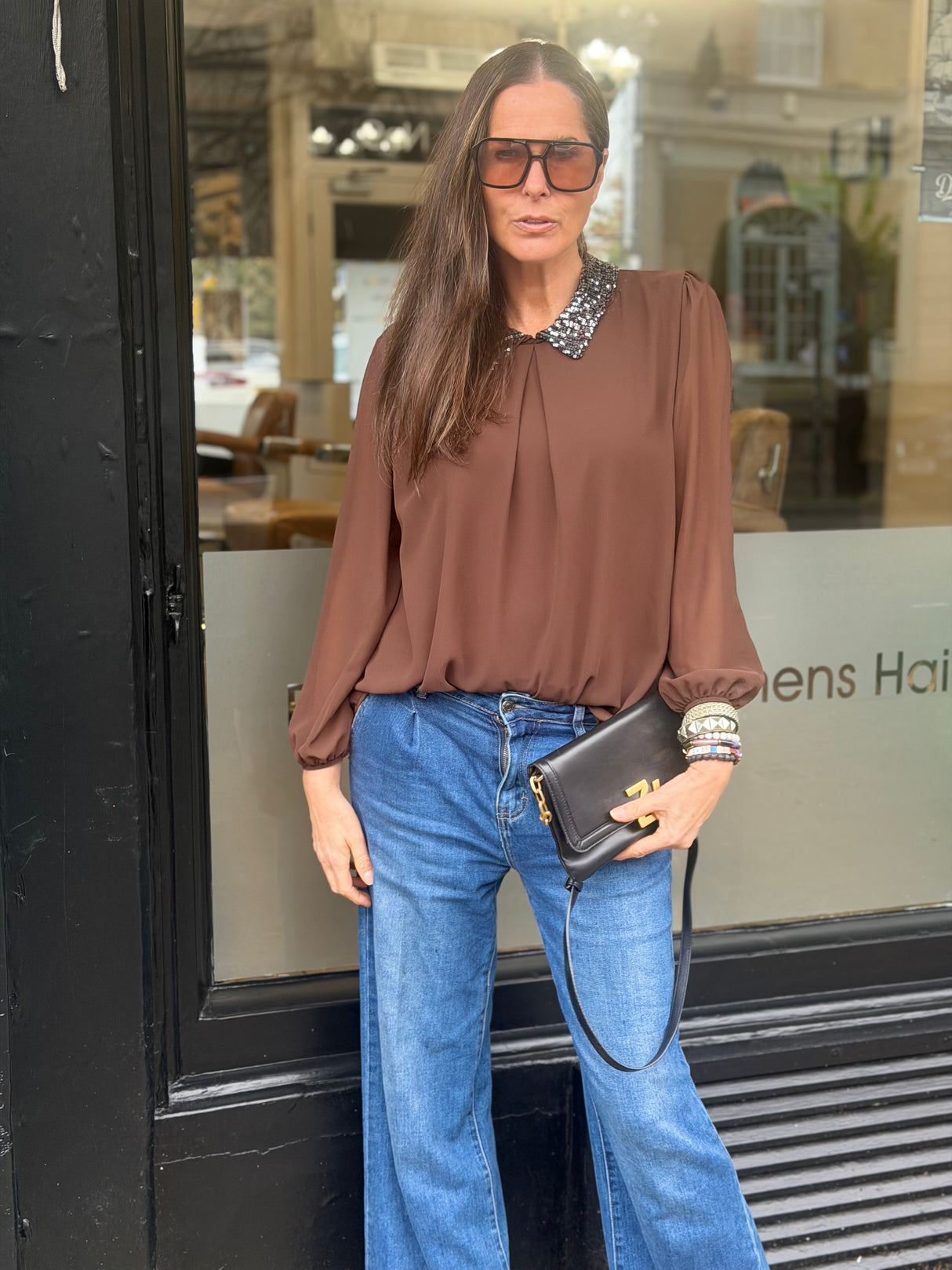 Siri Sequin Collar Blouse - Chocolate