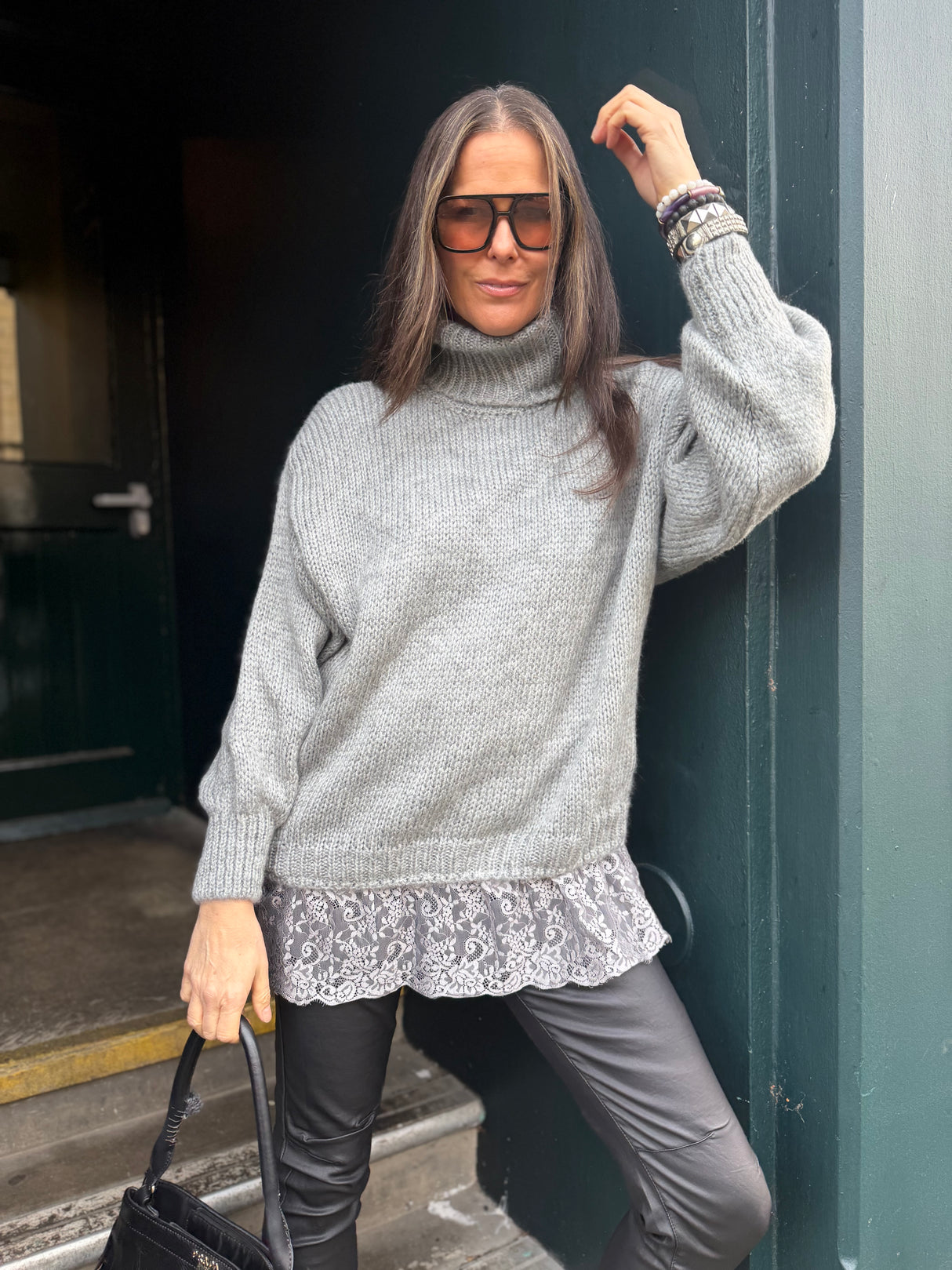 Arabella Lace Roll Neck Jumper - Grey