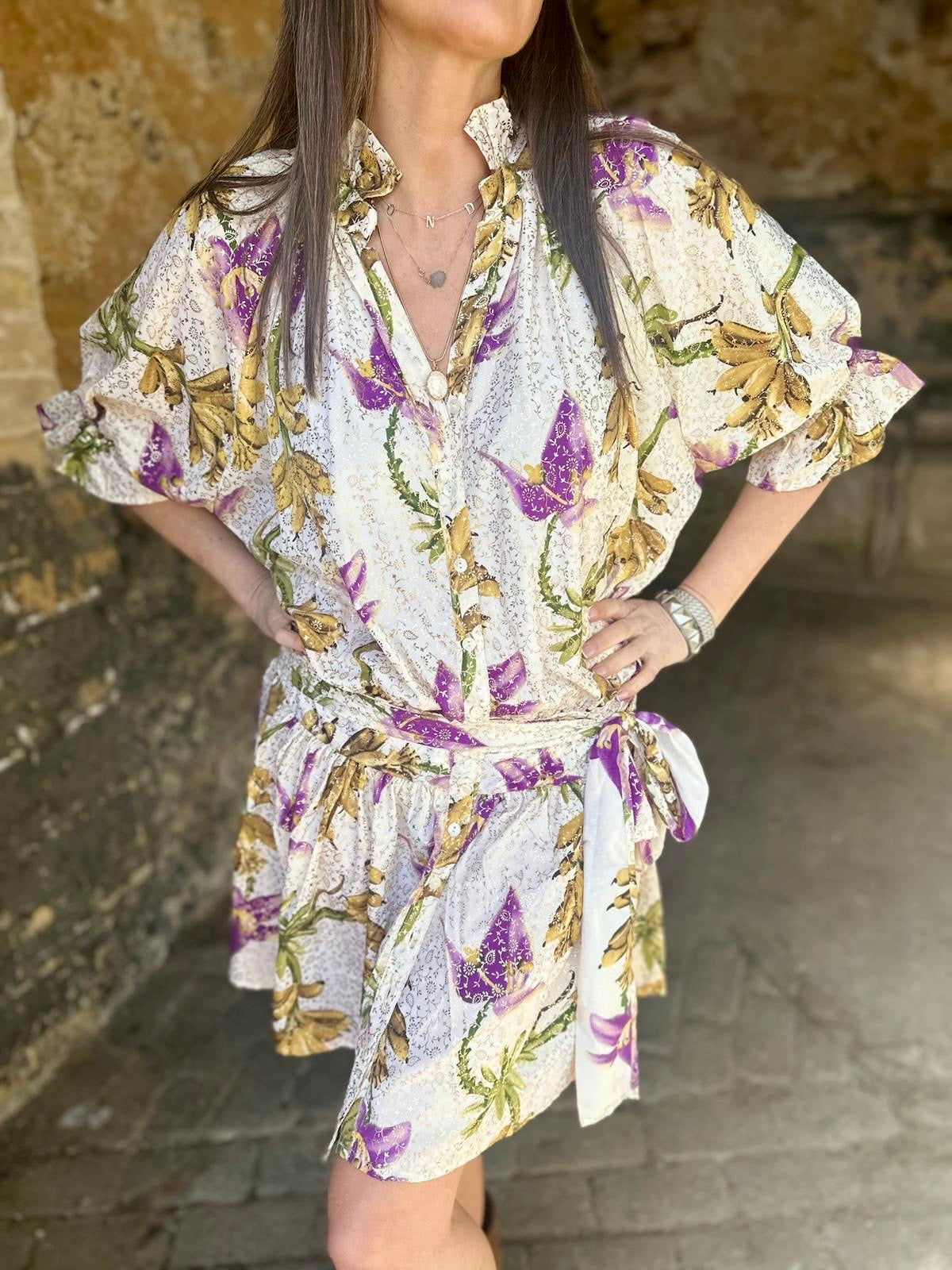 Clarissa Printed Dress - Cream/Purple