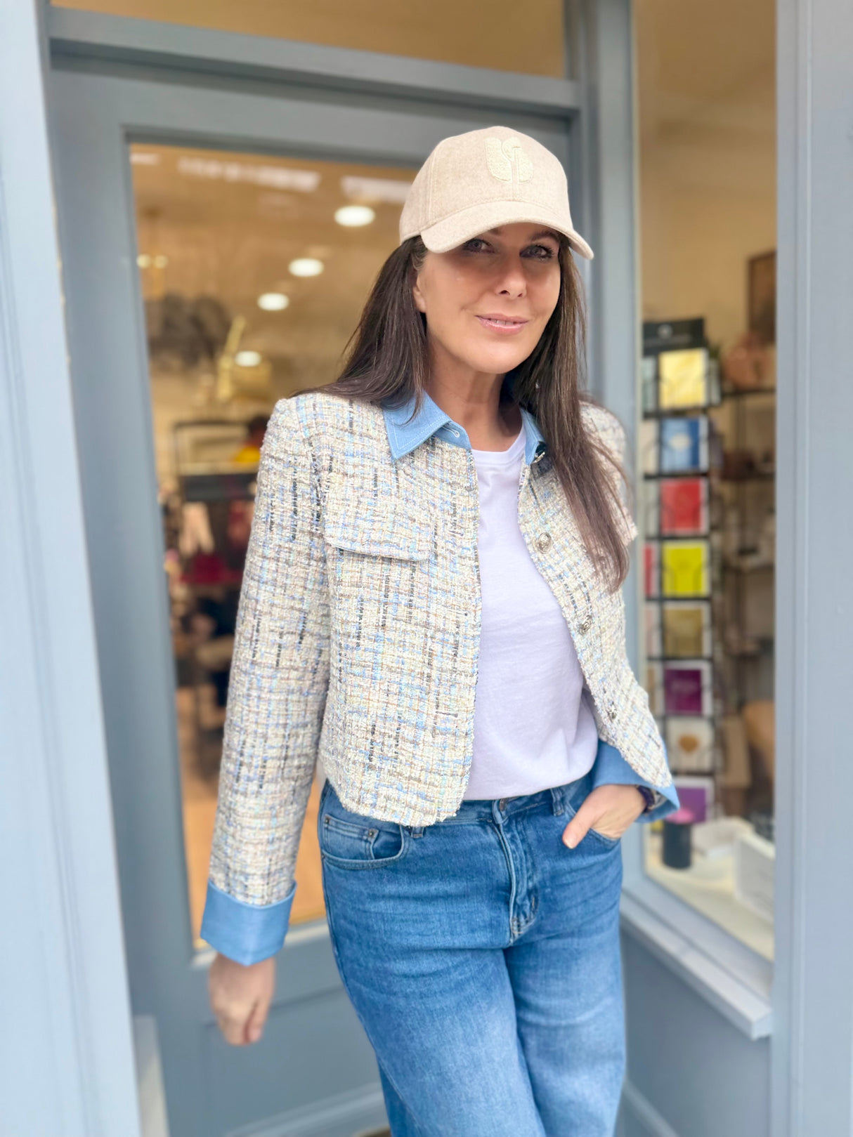 Verity Sequin Cropped Jacket - Baby Blue