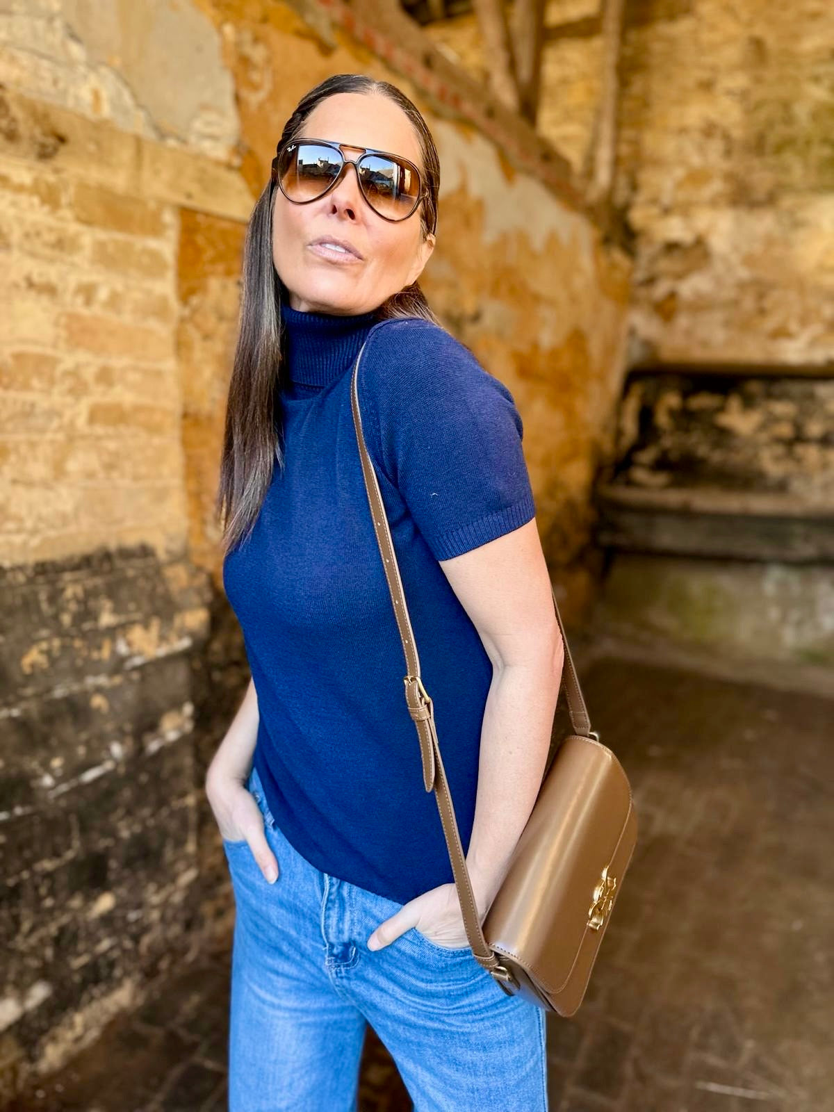 Ines Short Sleeve Polo Neck - Navy