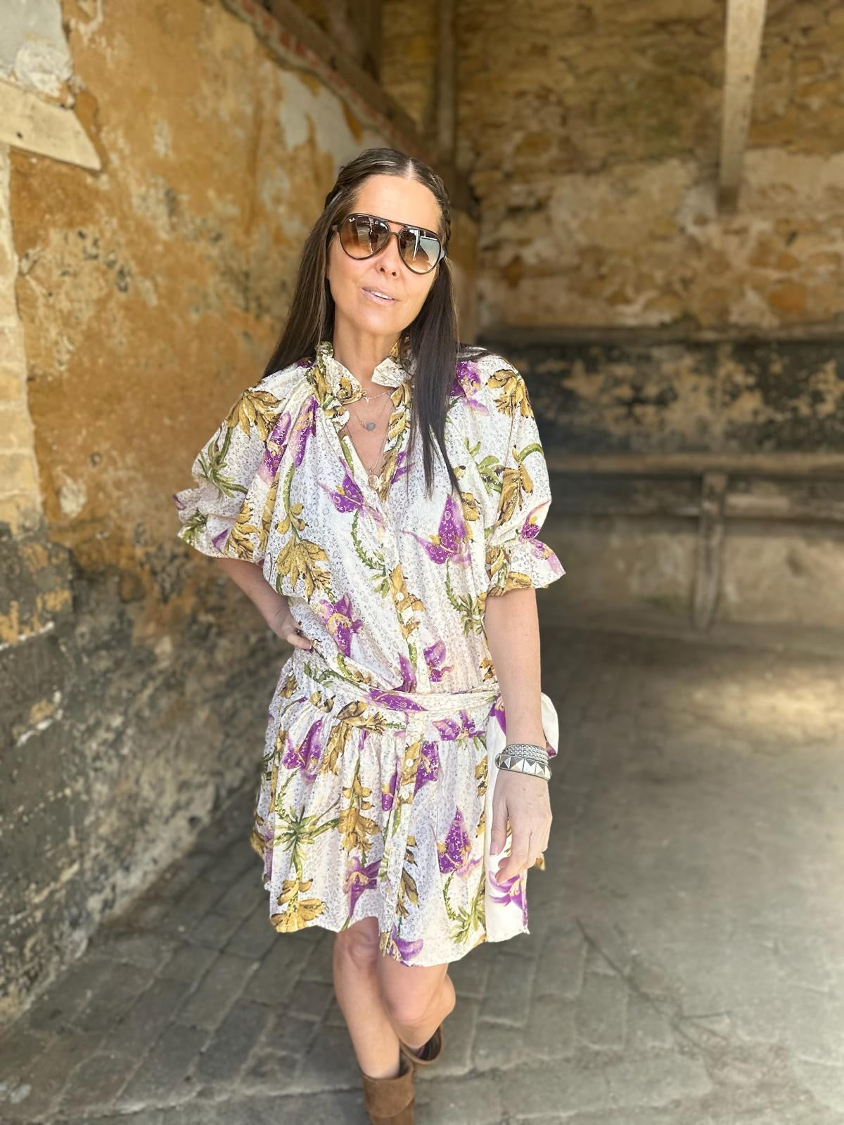 Clarissa Printed Dress - Cream/Purple