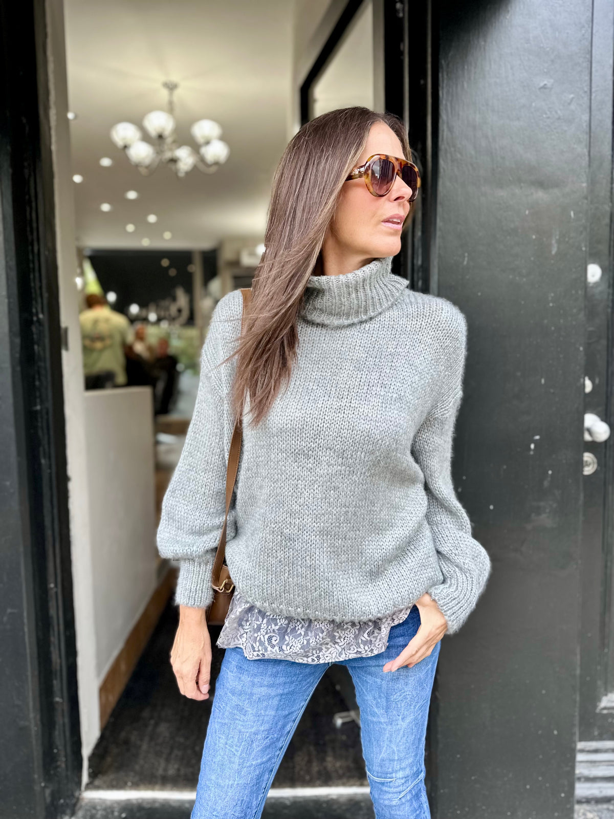 Arabella Lace Roll Neck Jumper - Grey