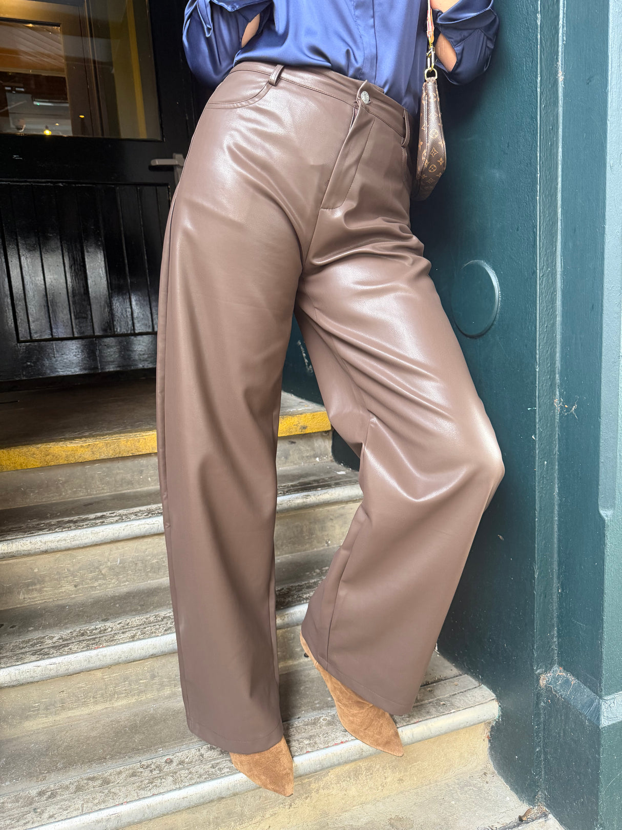 Ally Faux Leather Barrel Pant - Chocolate