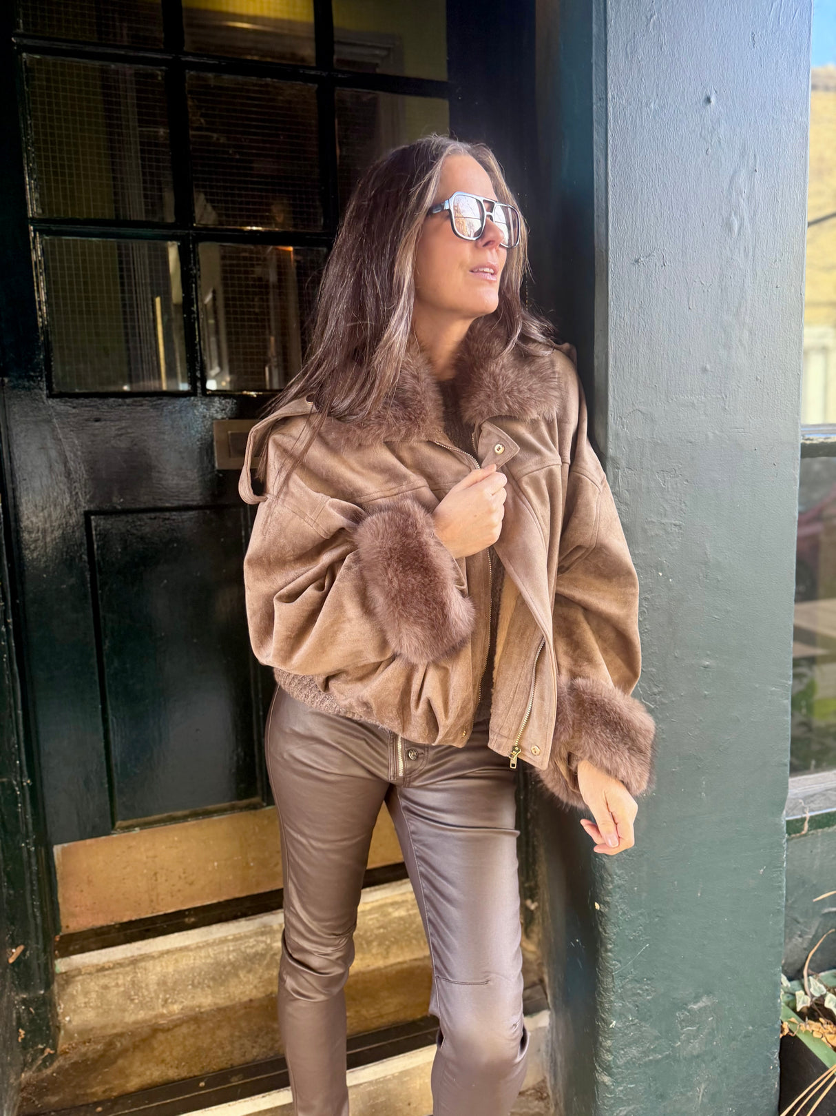 Shauna Faux Suede Bomber - Taupe