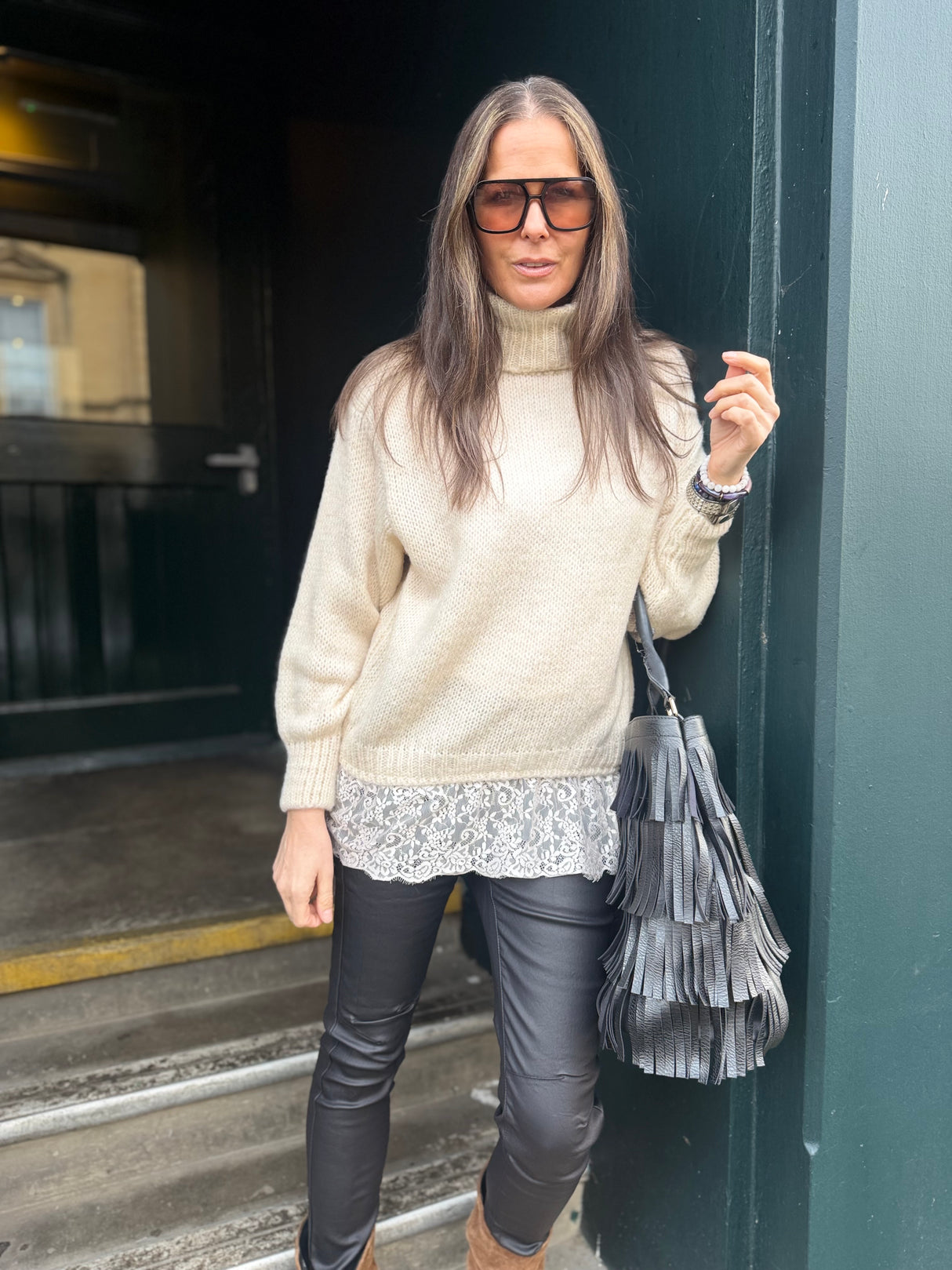 Arabella Lace Roll Neck Jumper - Oat