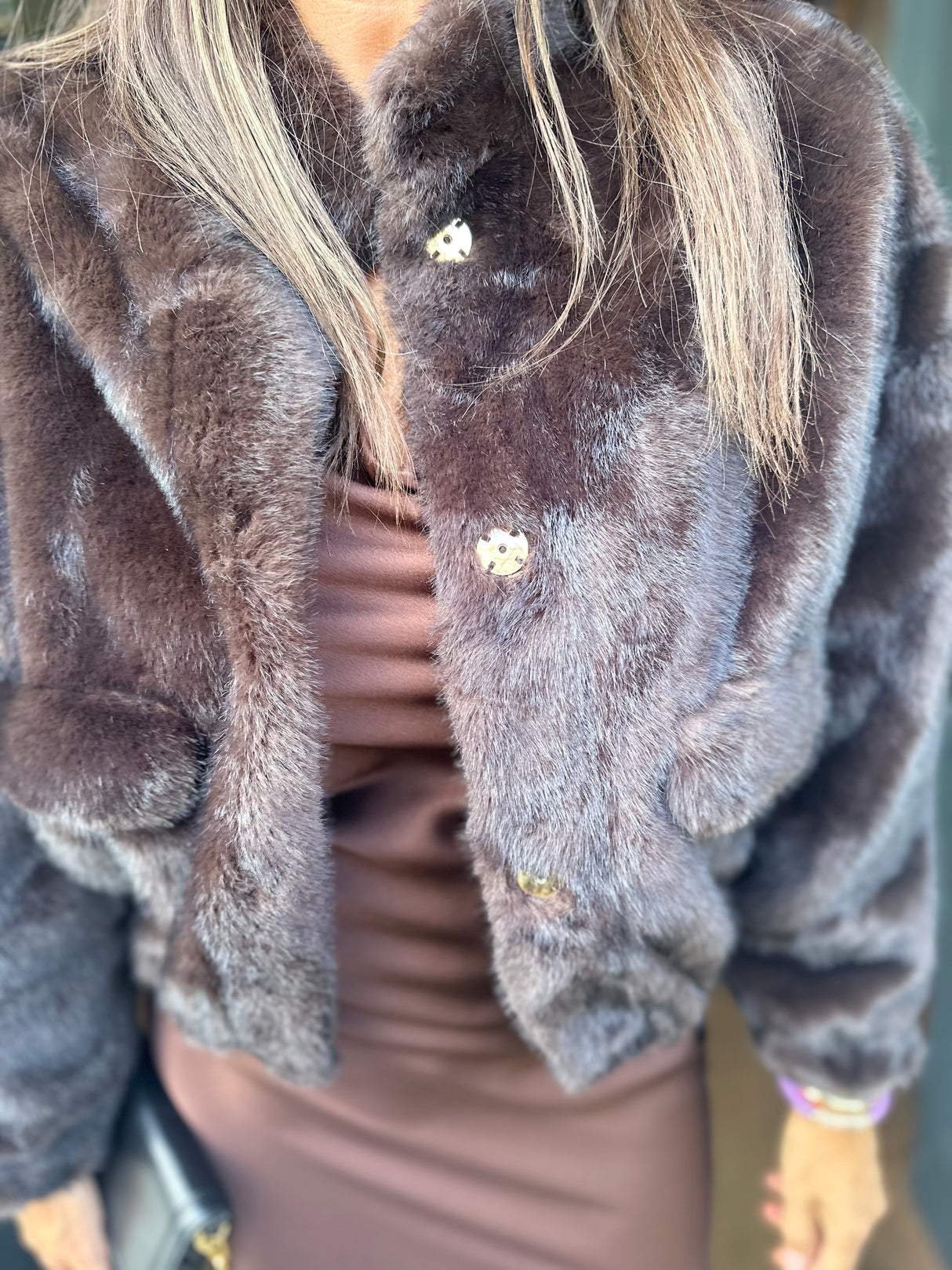 Benny Faux Fur Bomber Jacket - Chocolate