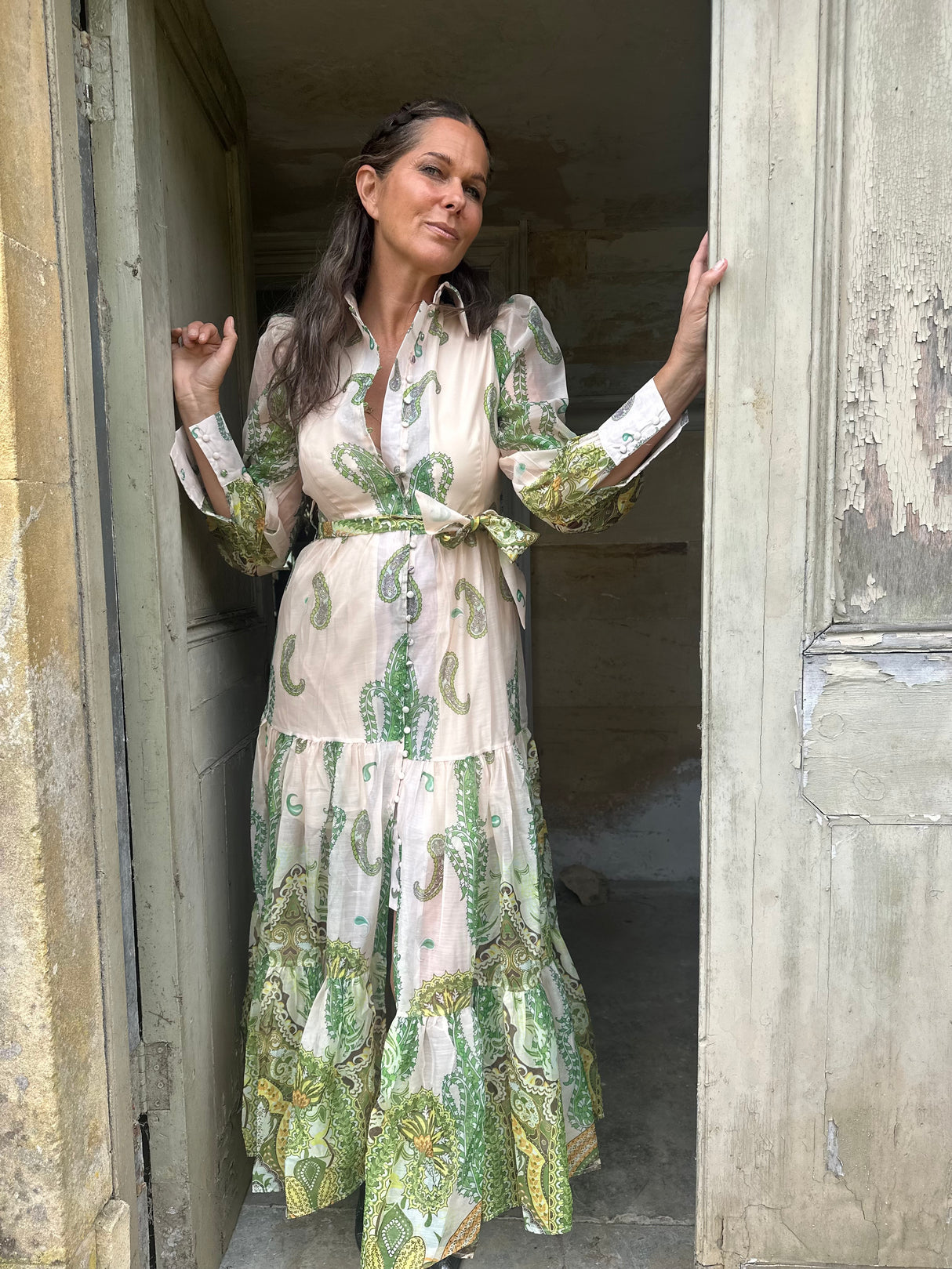 Bruges Floaty Maxi Dress - Cream/Green