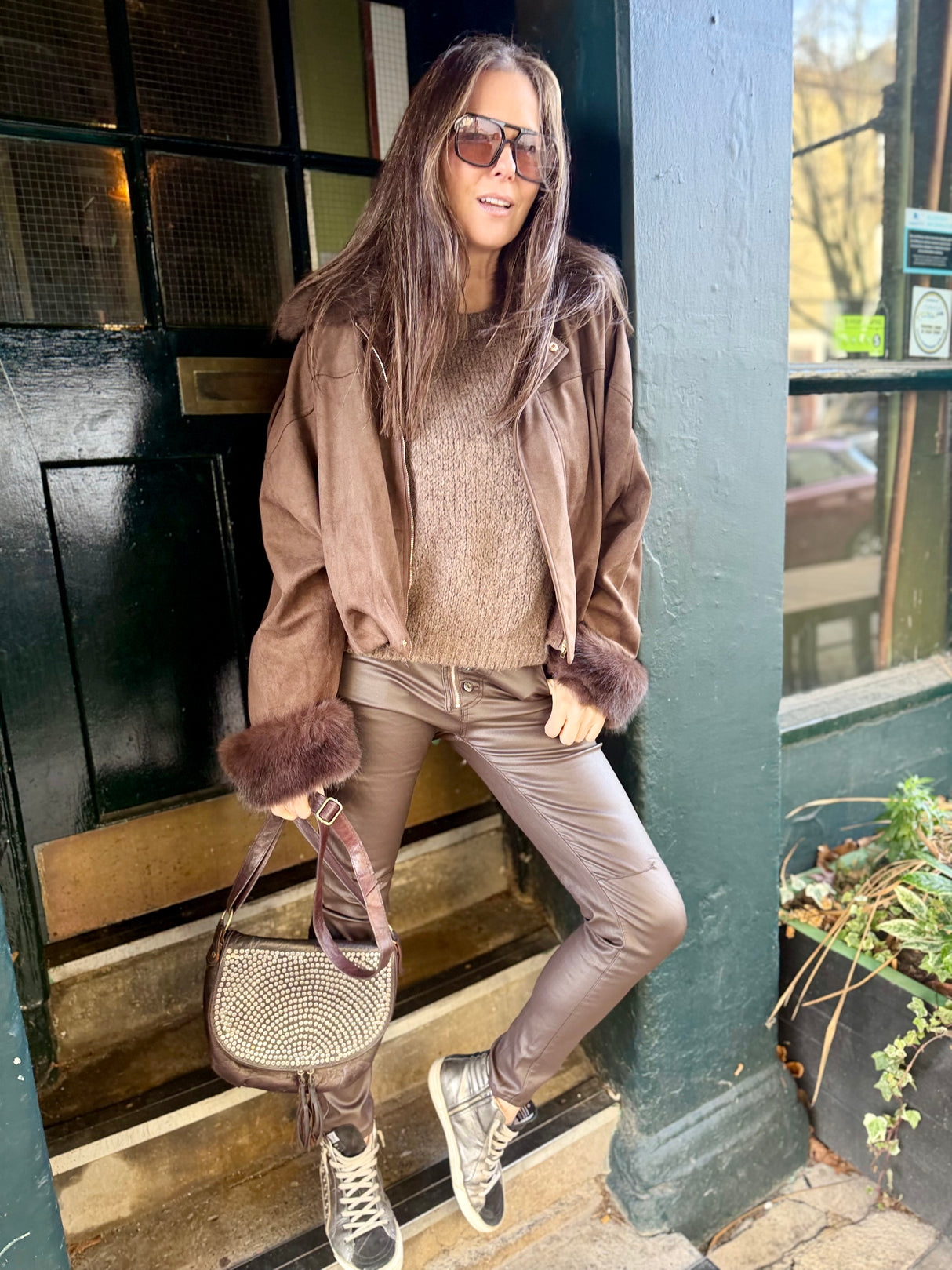 Shauna Faux Suede Bomber - Choc