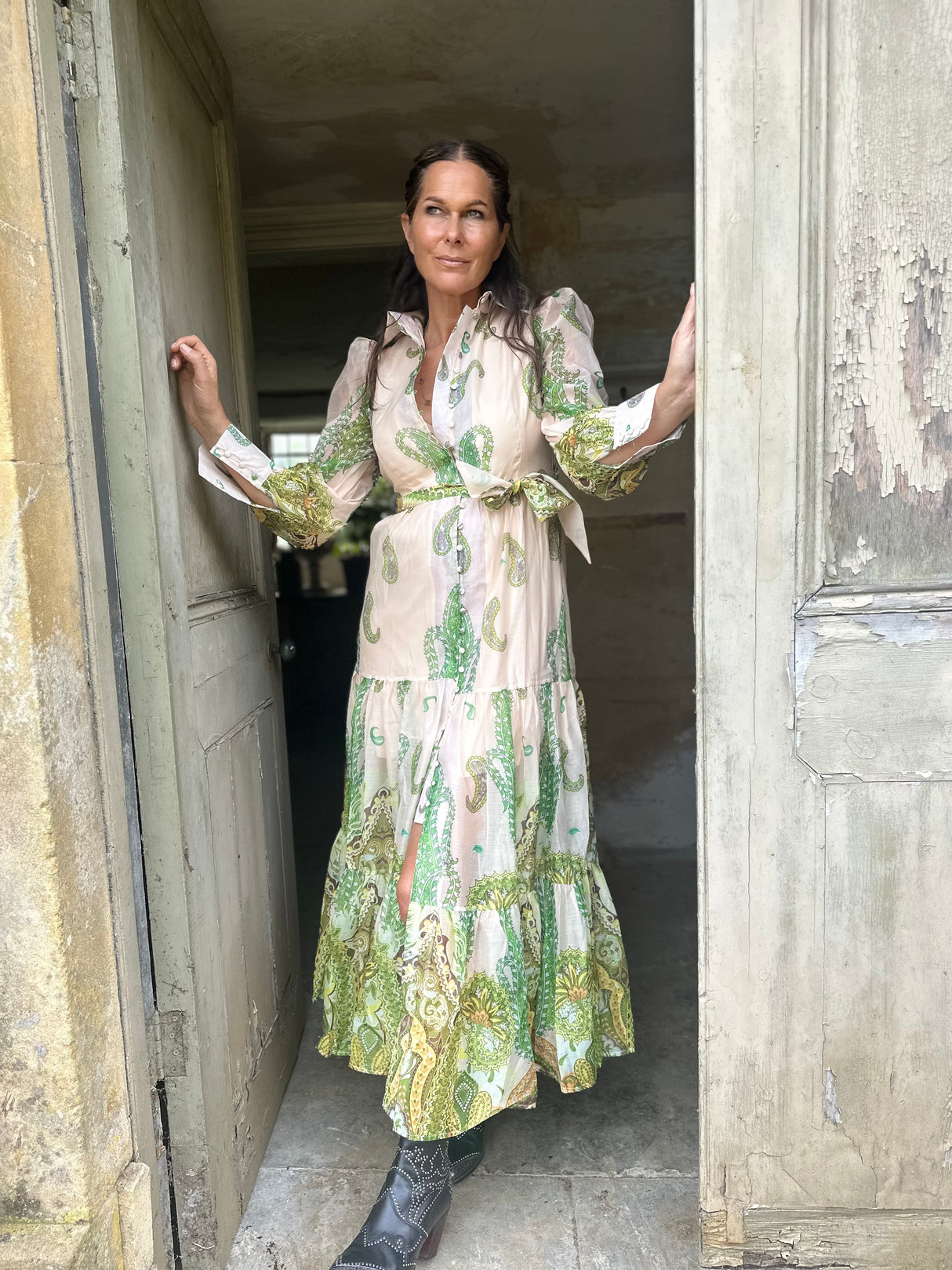 Bruges Floaty Maxi Dress - Cream/Green