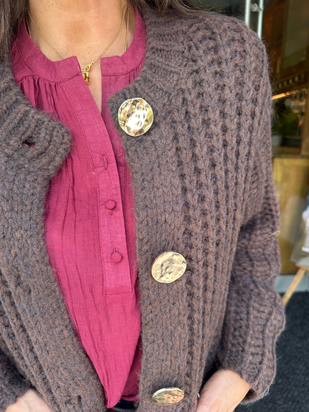 Saira Gold Button Cardigan - Chocolate