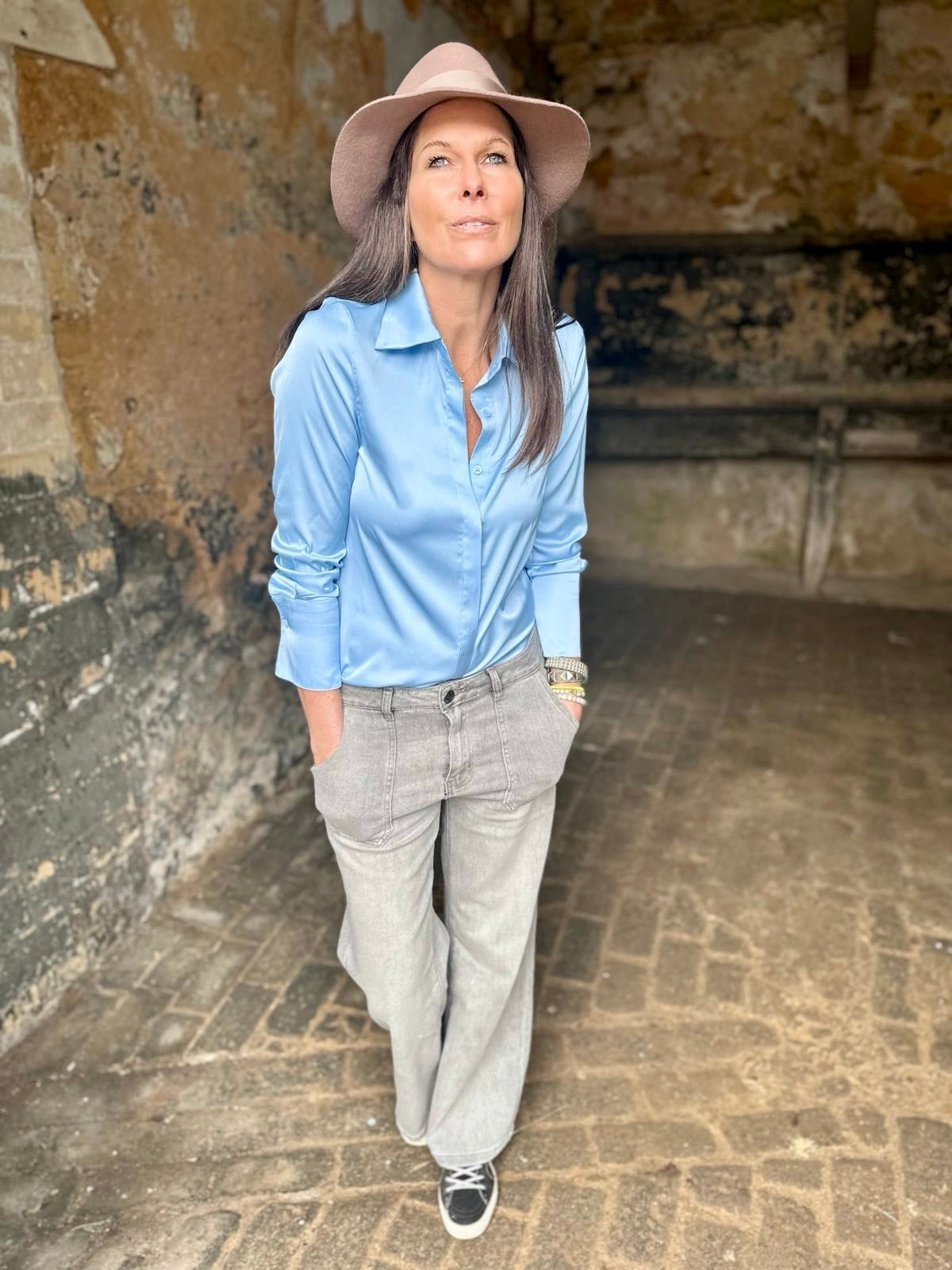 Camille Satin Shirt Sky