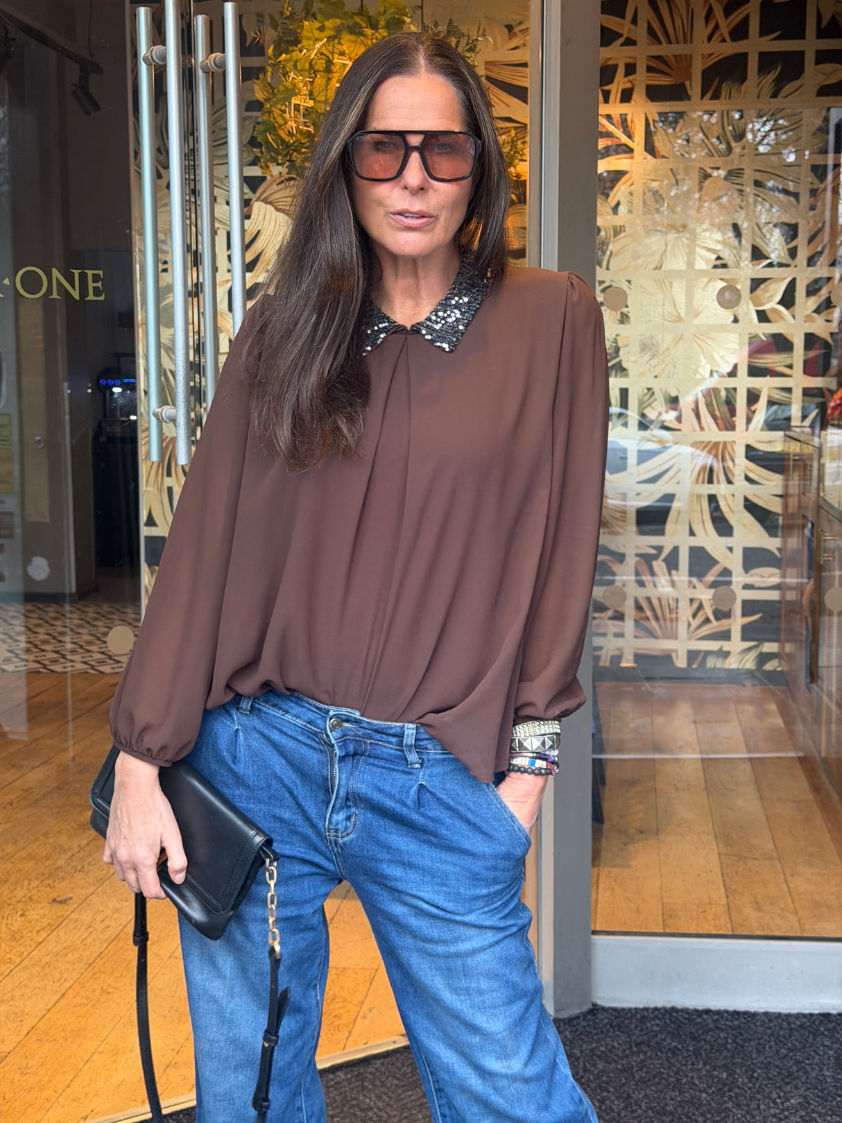 Siri Sequin Collar Blouse - Chocolate