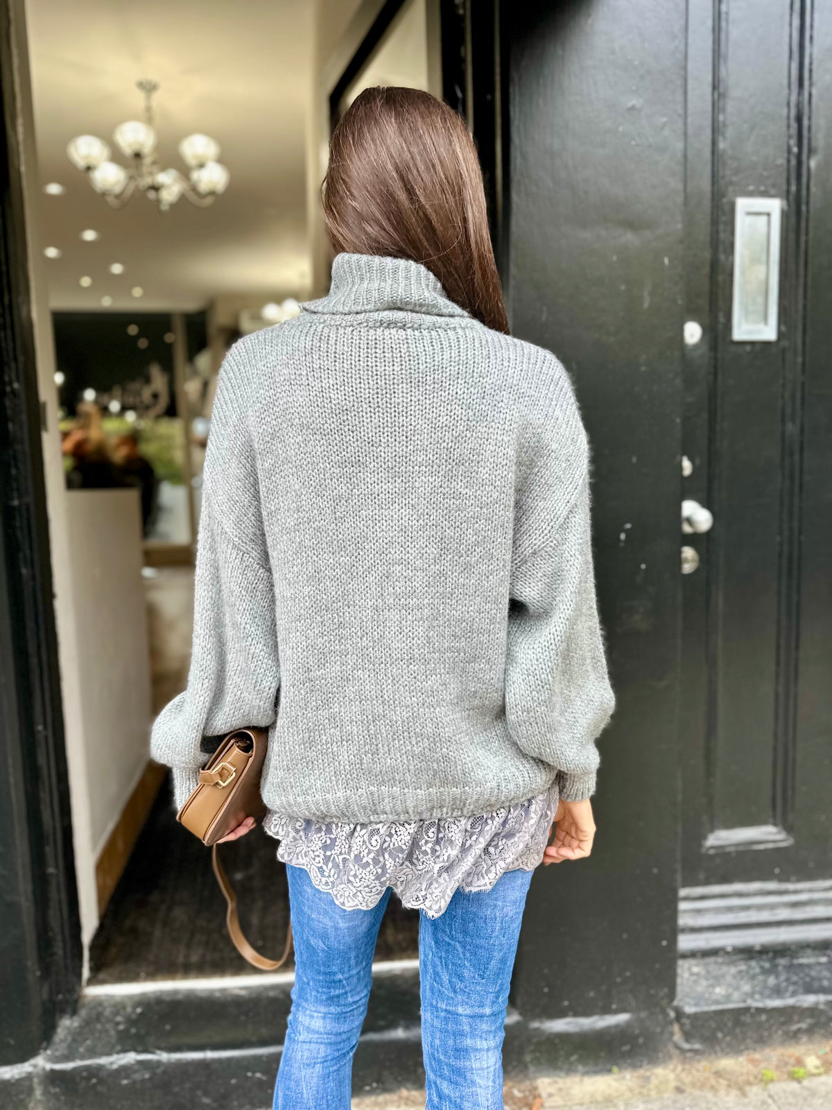 Arabella Lace Roll Neck Jumper - Grey