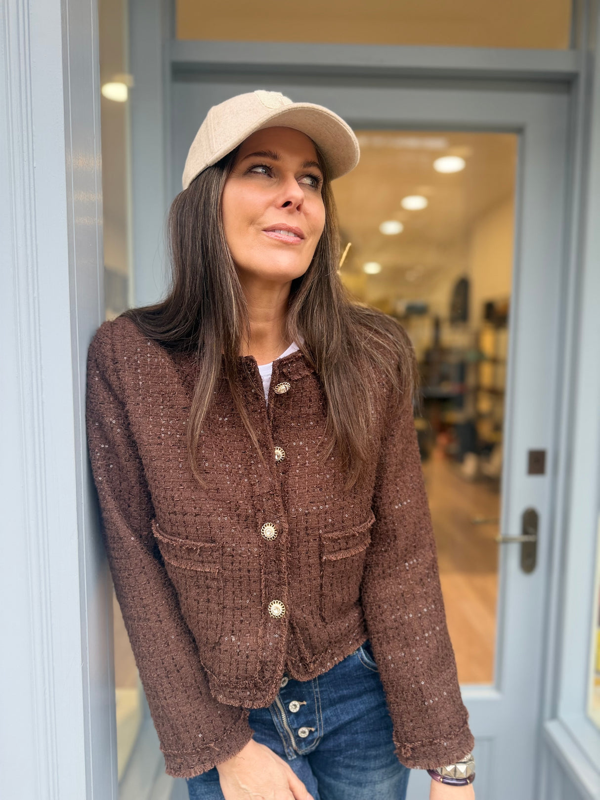 Cecile Cropped Tweed Jacket - Chocolate