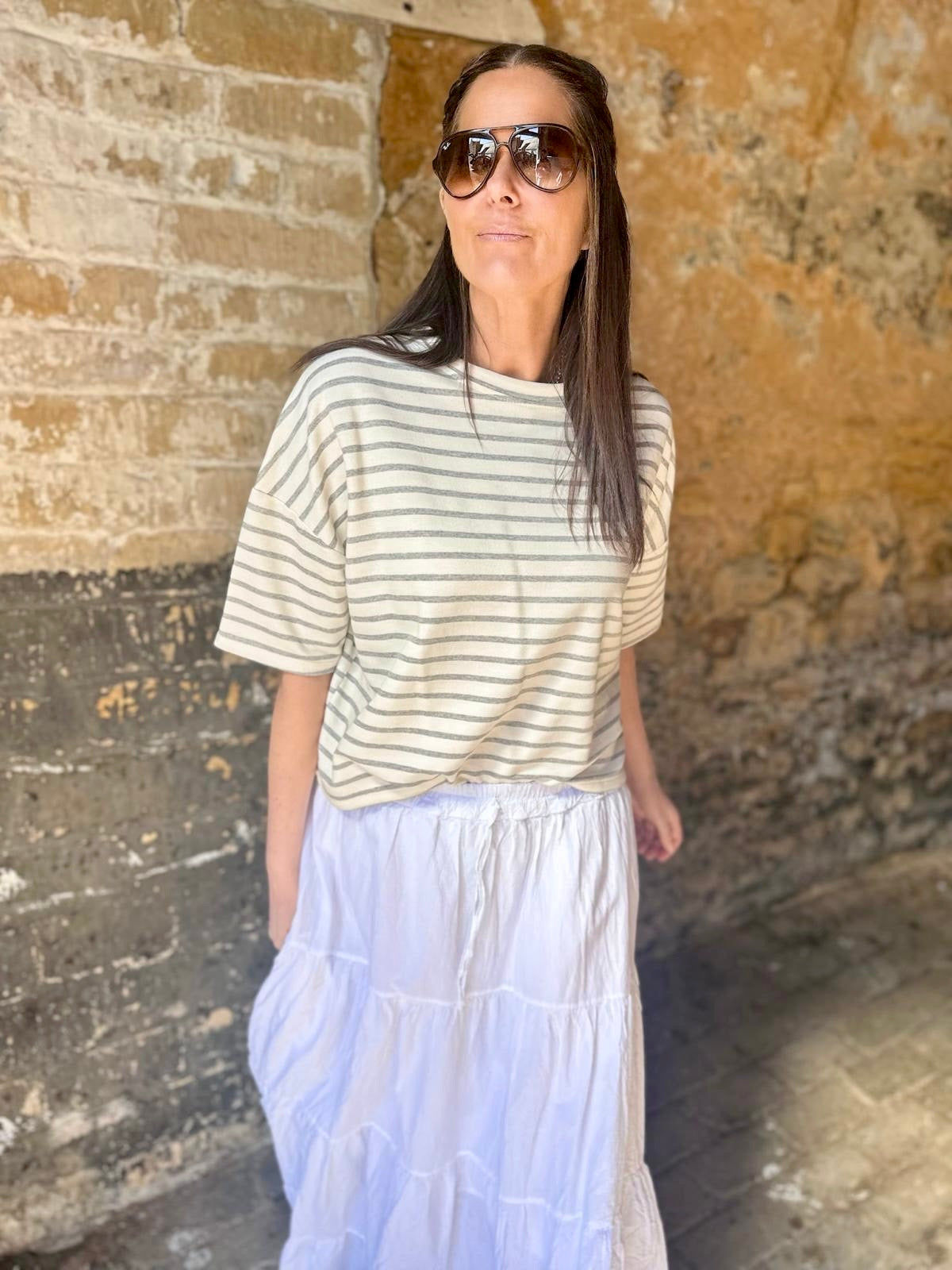 Lara Stripe Cotton Tee - Grey