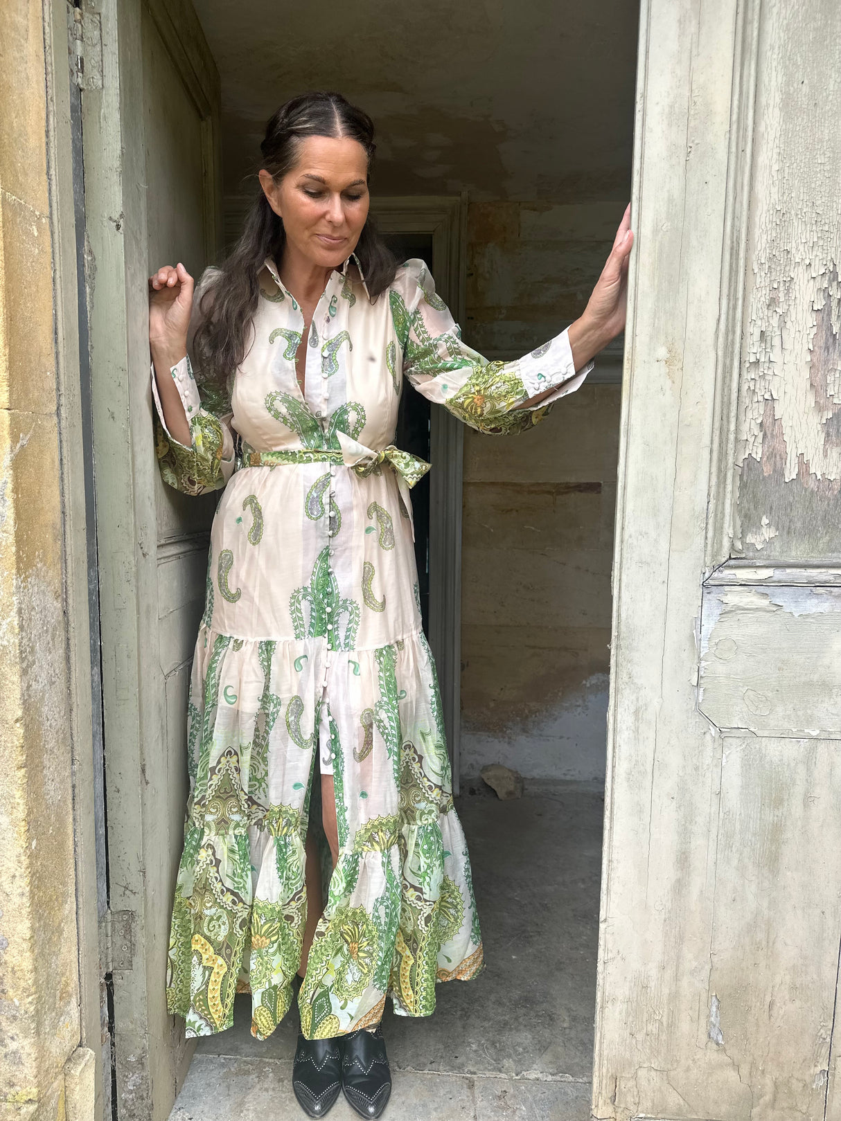 Bruges Floaty Maxi Dress - Cream/Green