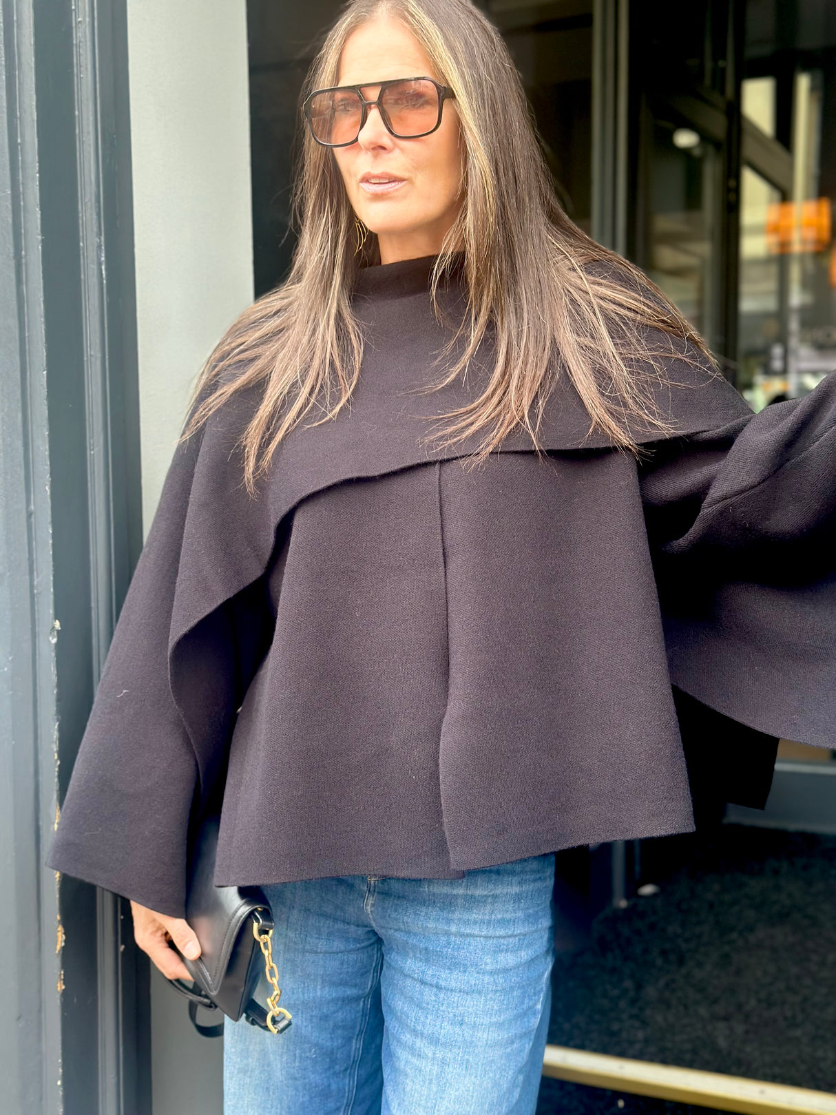 Fliss Knitted Cape with Scarf - Black