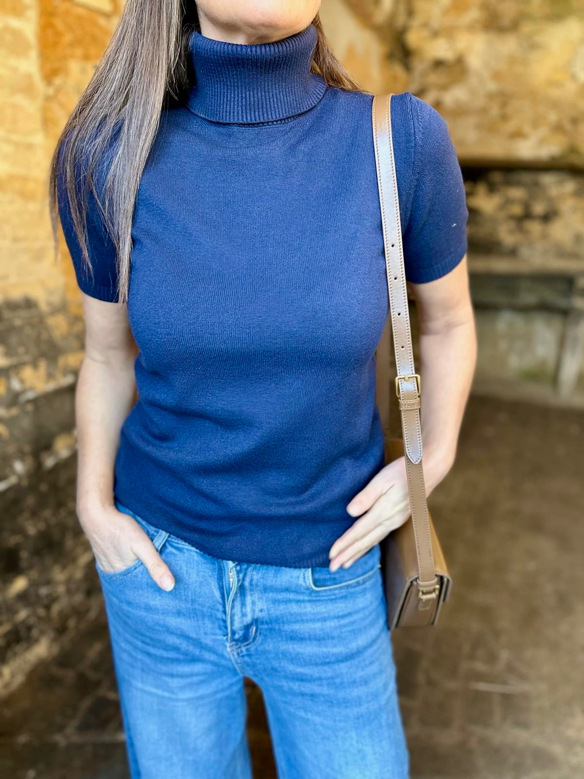 Ines Short Sleeve Polo Neck - Navy