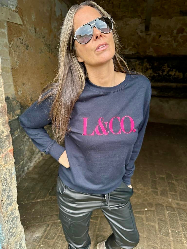 Sudadera LCO azul marino rosa neón