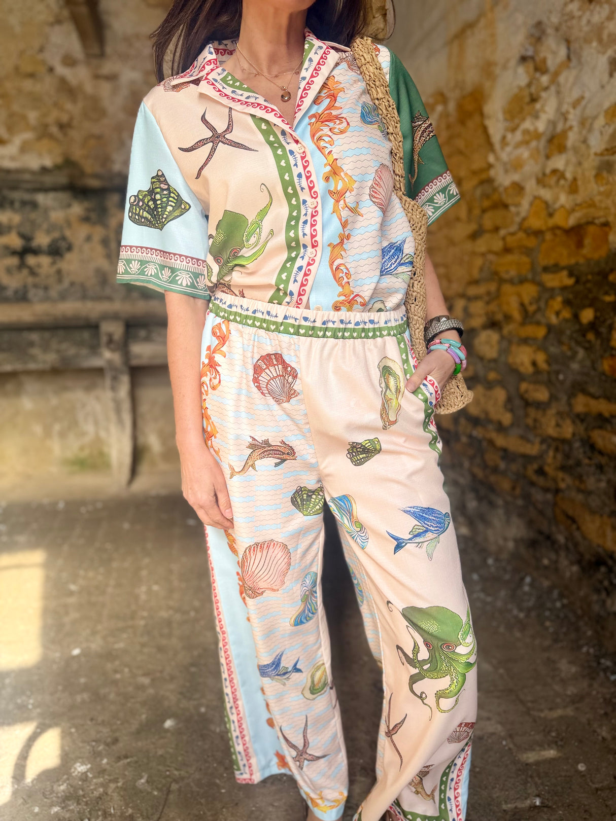 Praia Printed Trouser Set - Green