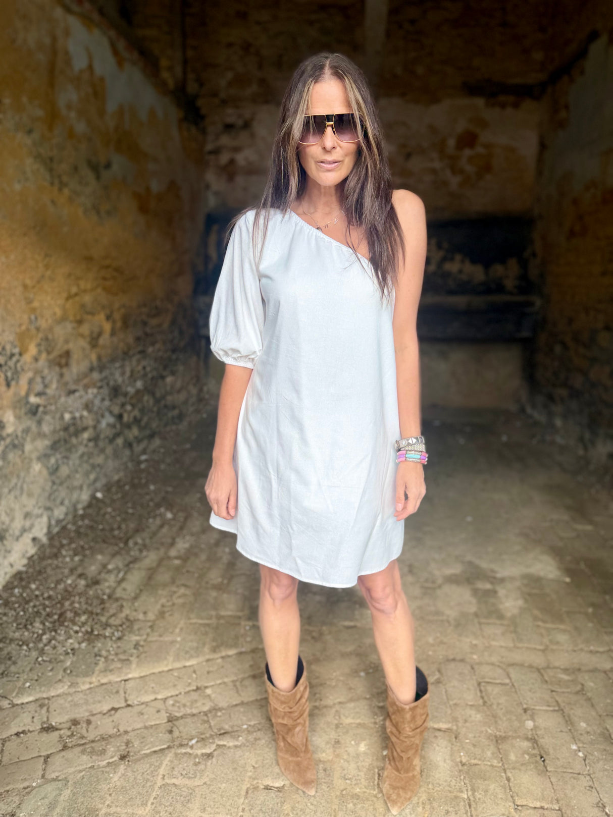 Den One Shoulder Smock Dress - White