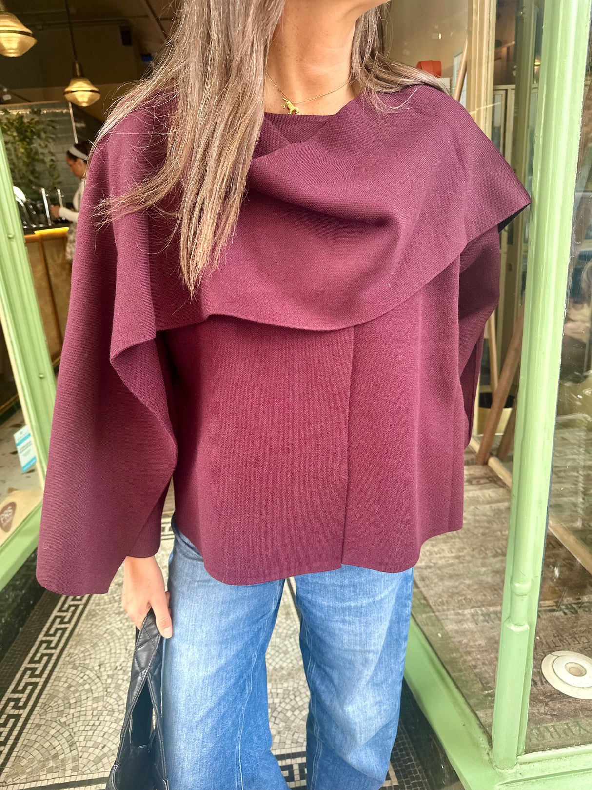 Fliss Knitted Cape with Scarf - Cherry