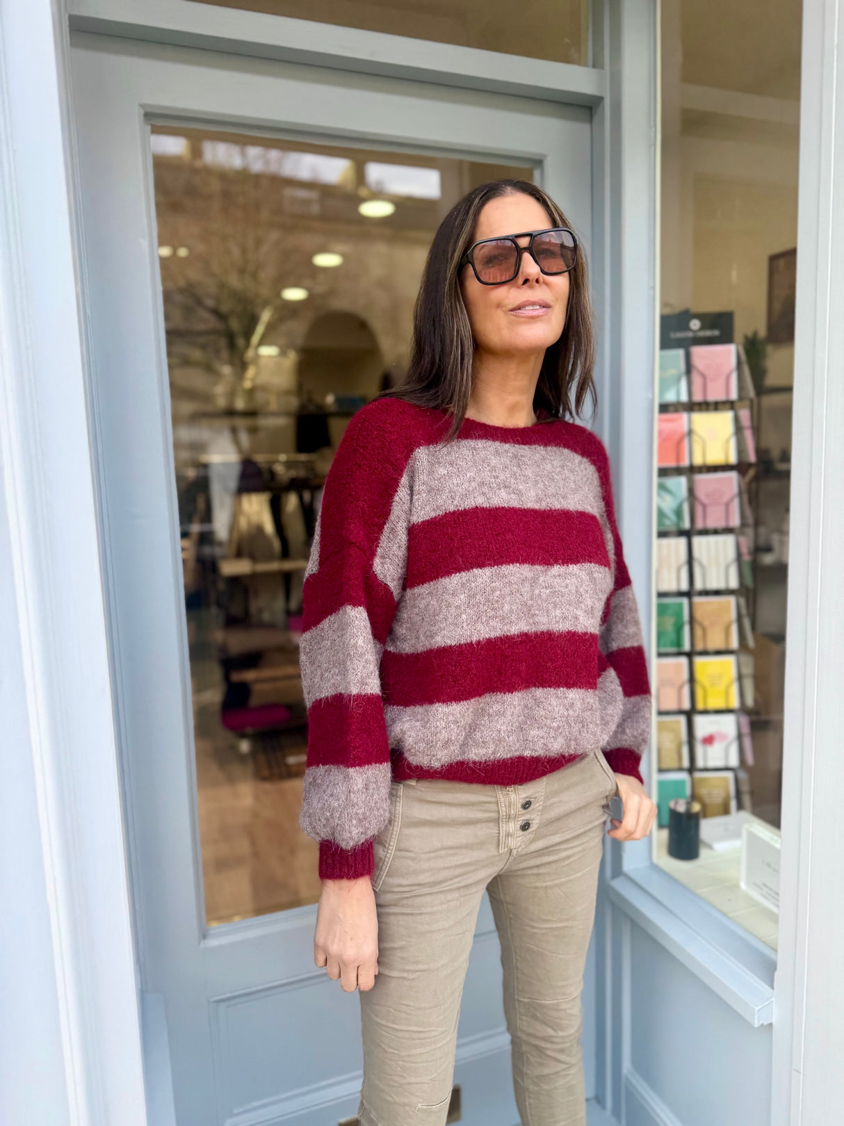 Evelyn Stripe Crew - Burgundy/Taupe