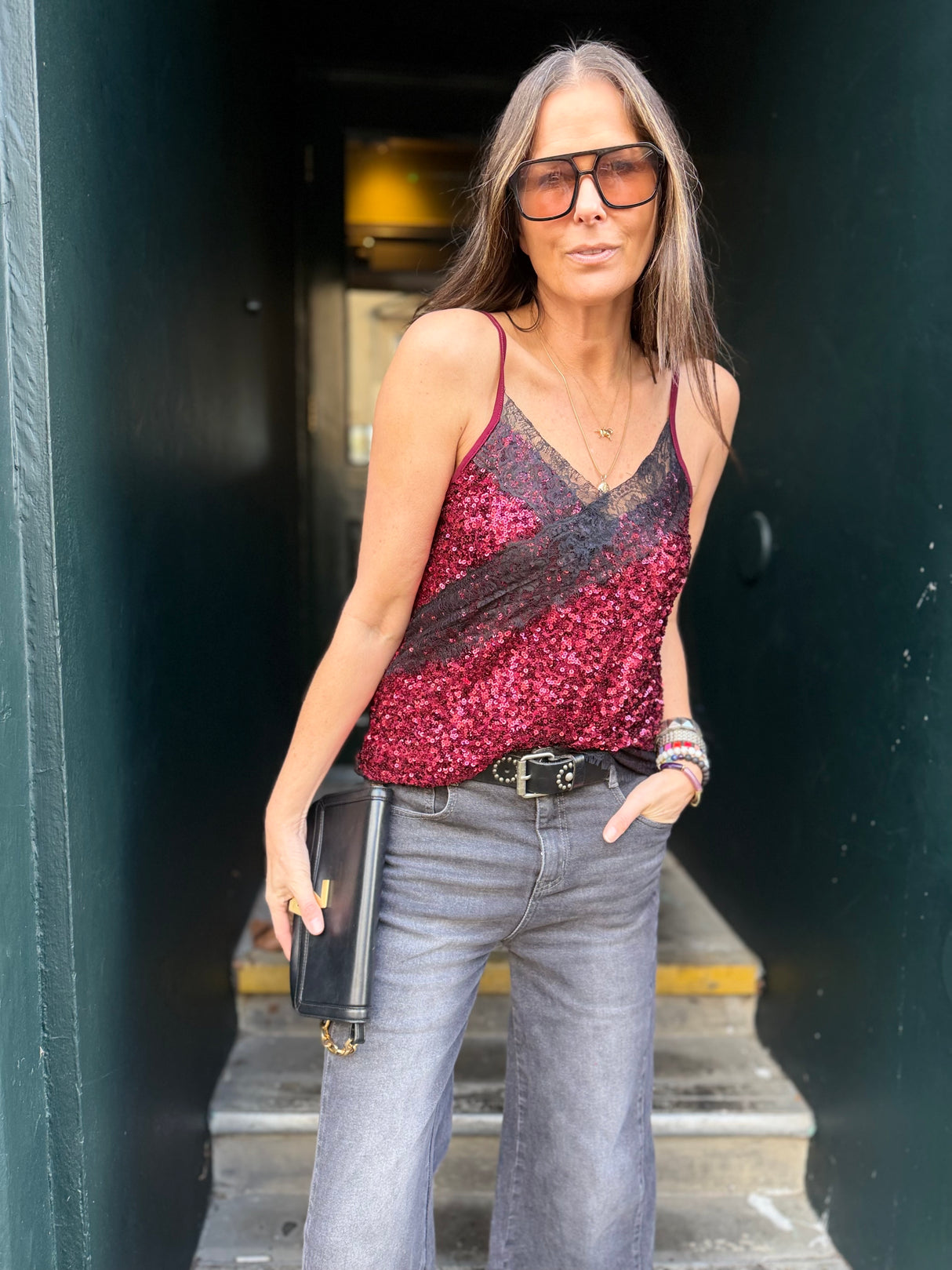 Harley Lace Sequin Cami - Cherry