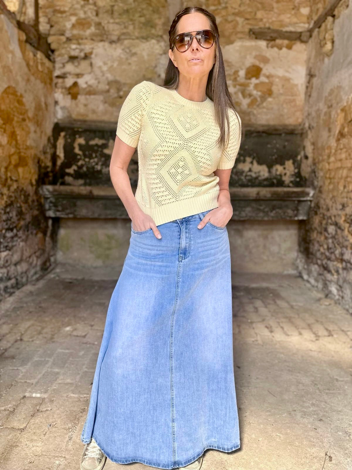 Crush Denim Maxi Skirt