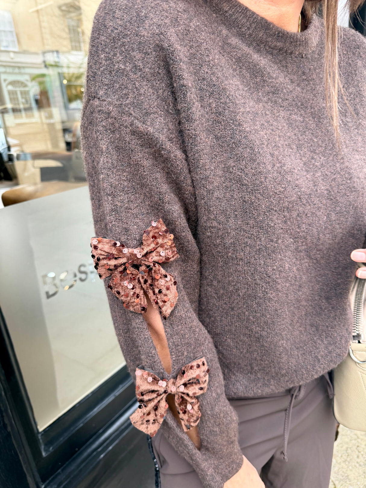 Riley Knit With Sequin Bow - Chocolate