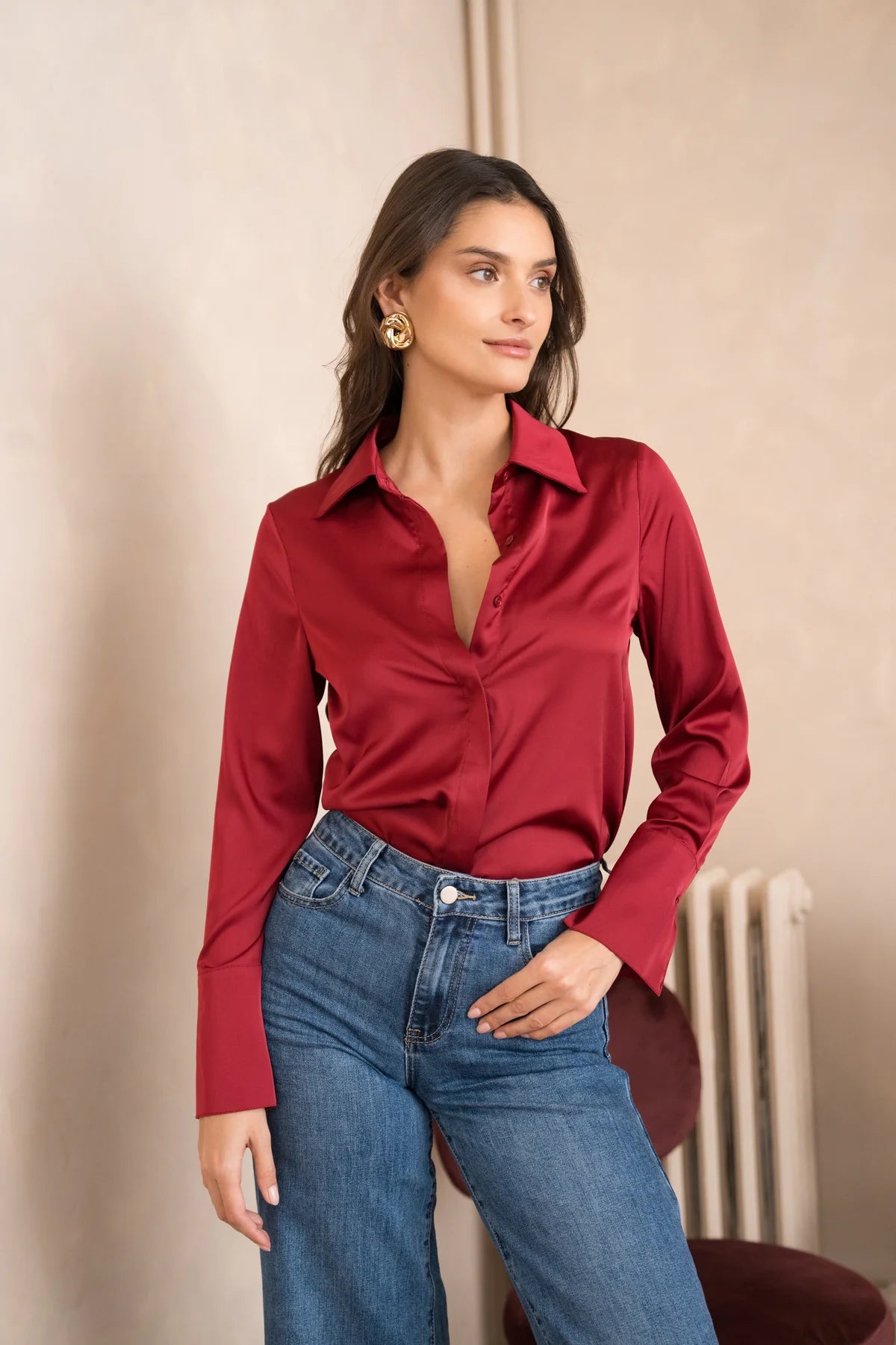 Camille Satin Shirt Claret