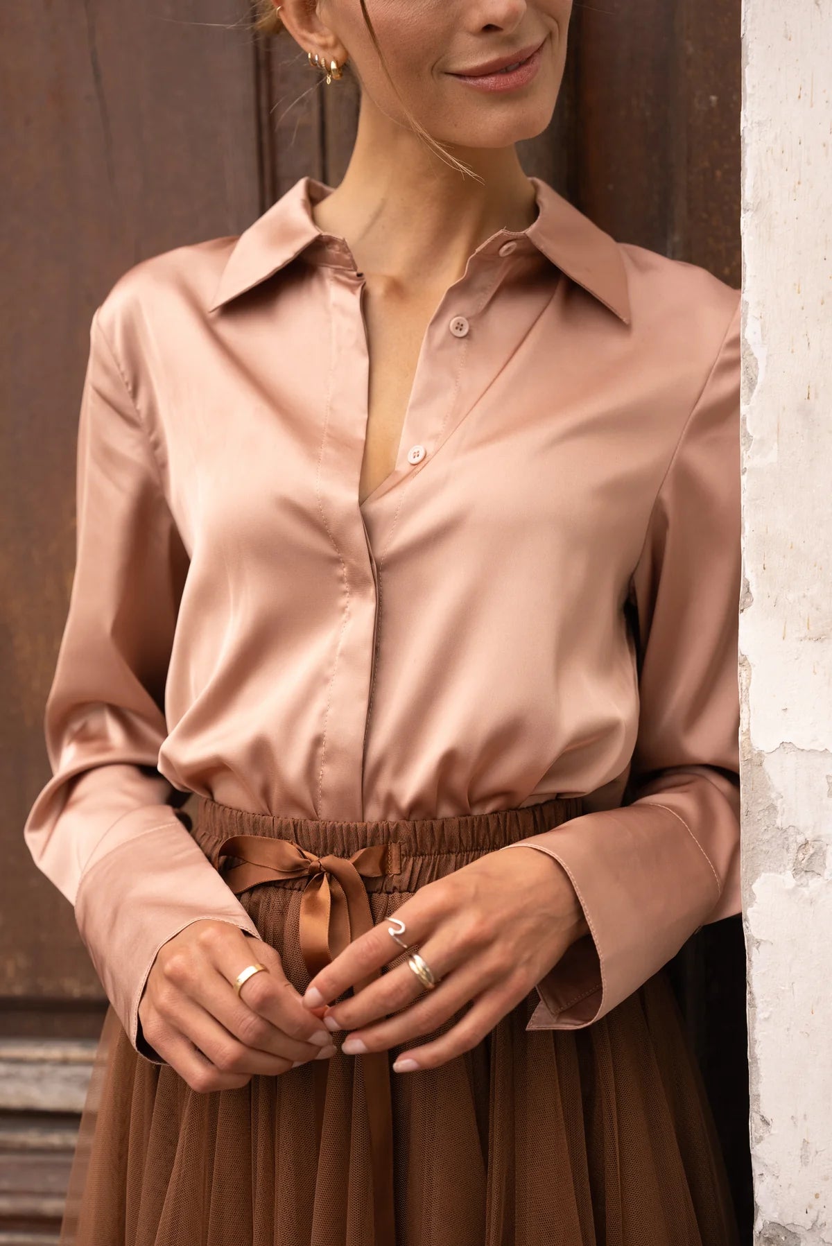 Camille Satin Shirt Coffee