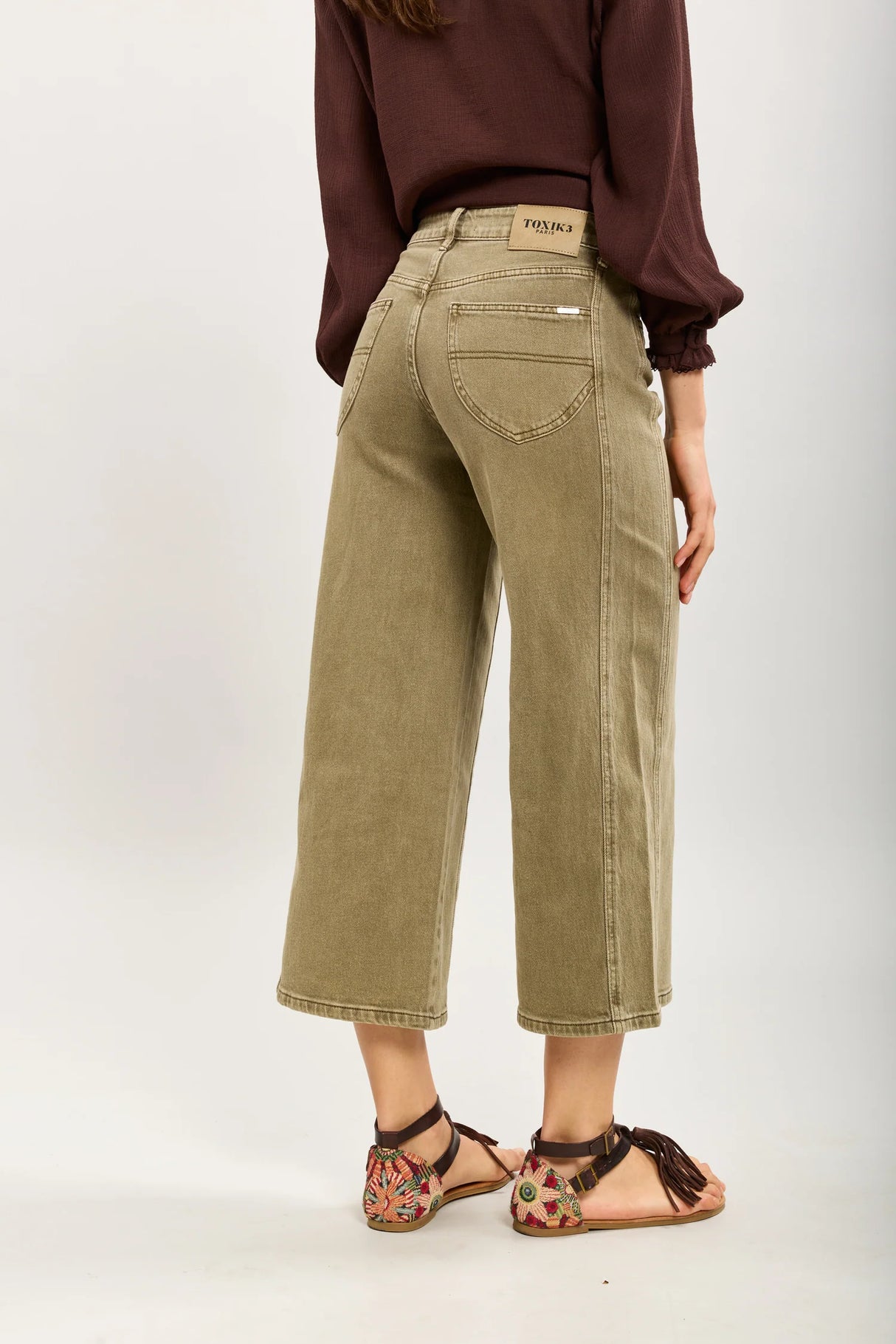 Elly Cropped Wide Leg Denim - Khaki
