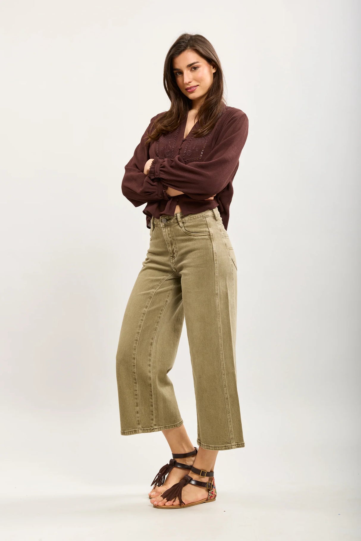 Elly Cropped Wide Leg Denim - Khaki