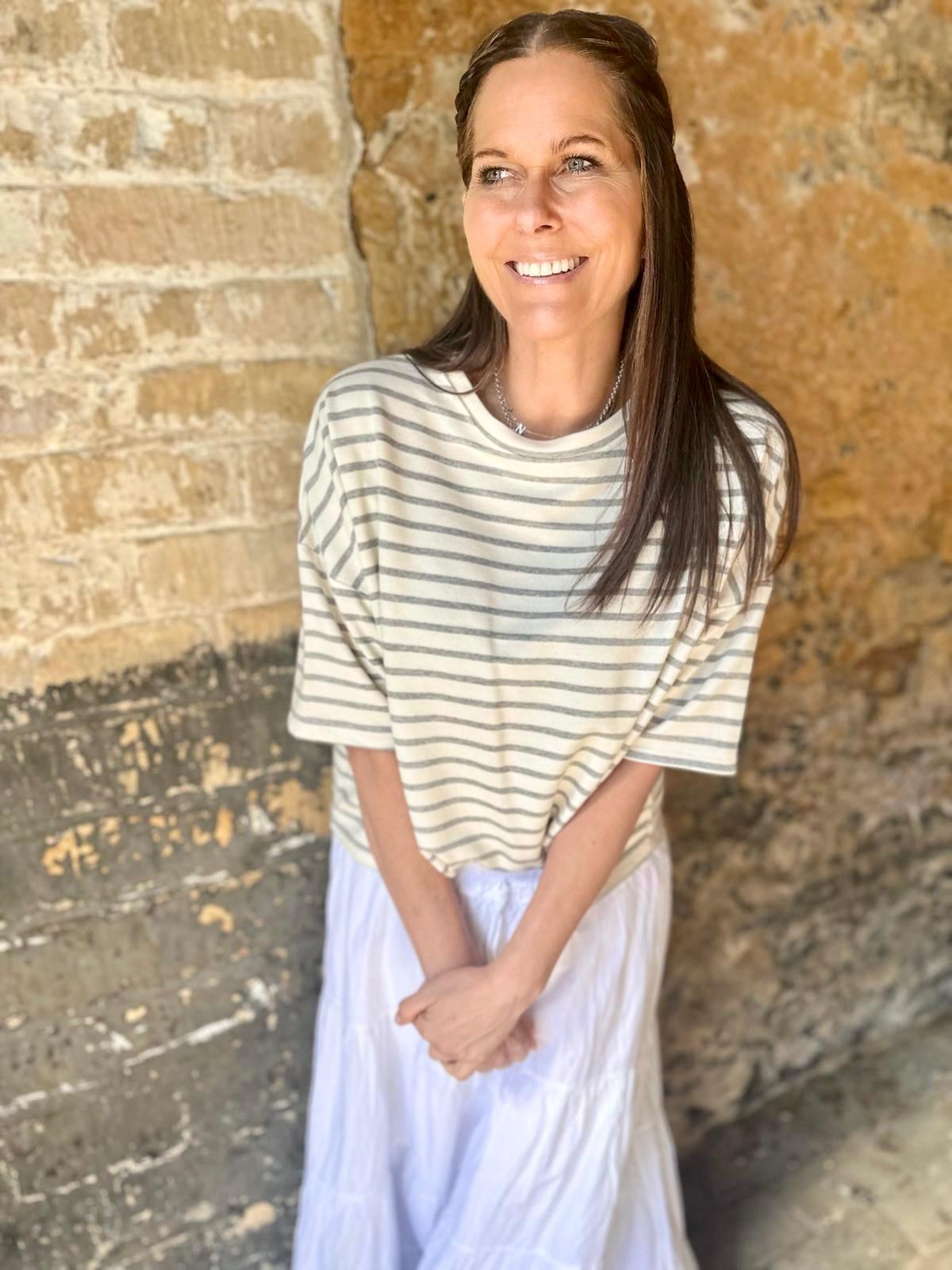 Lara Stripe Cotton Tee - Grey