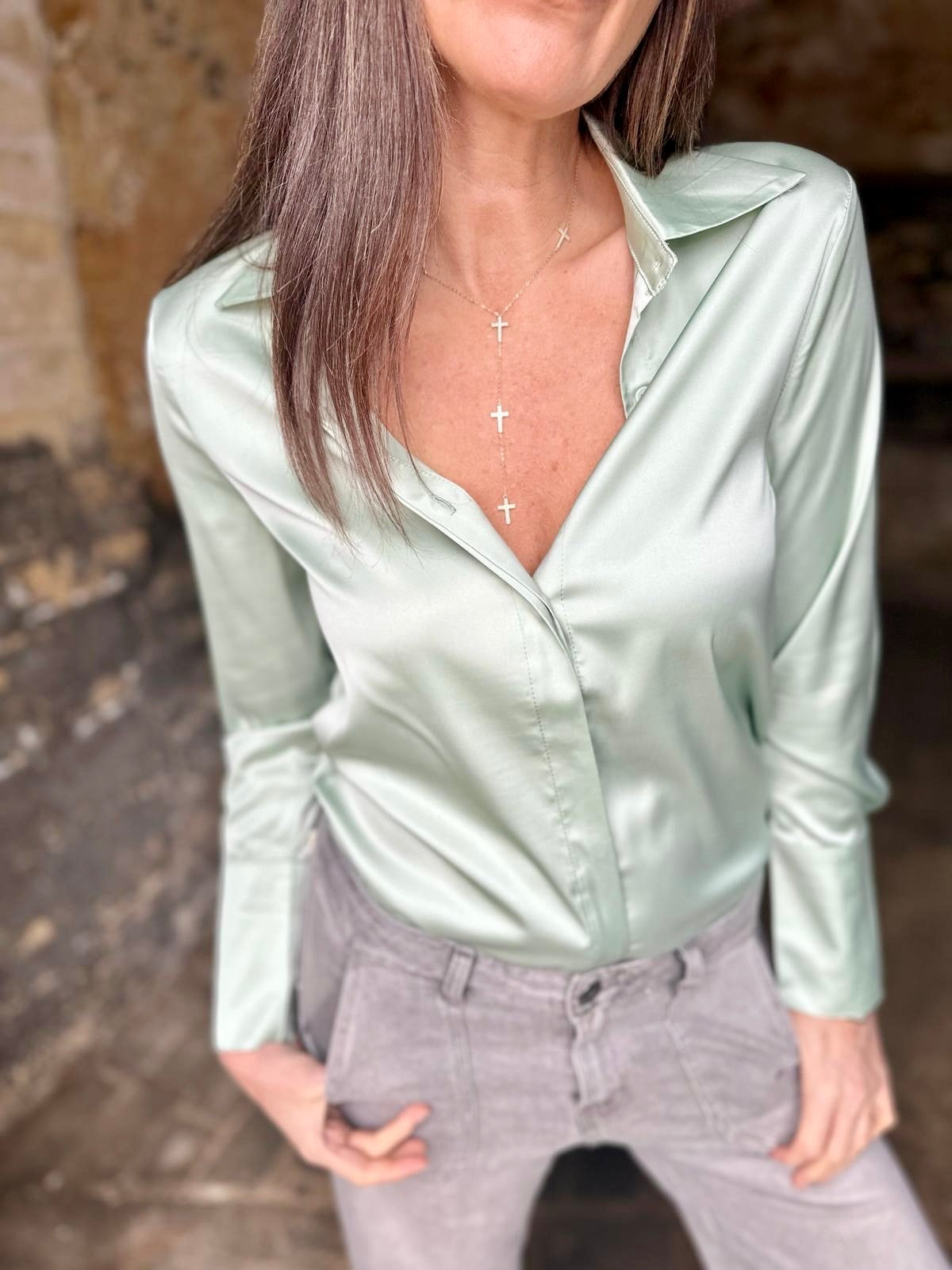 Camille Satin Shirt Sage