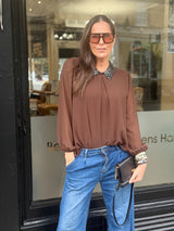 Siri Sequin Collar Blouse - Chocolate