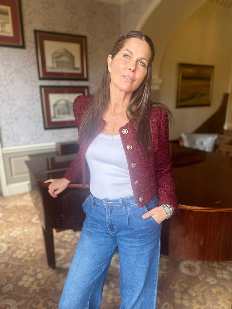 Cecile Cropped Tweed Jacket - Claret