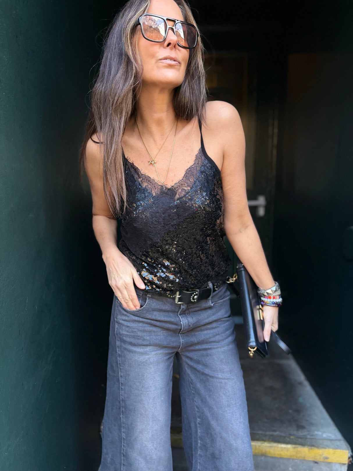 Harley Lace Sequin Cami - Black