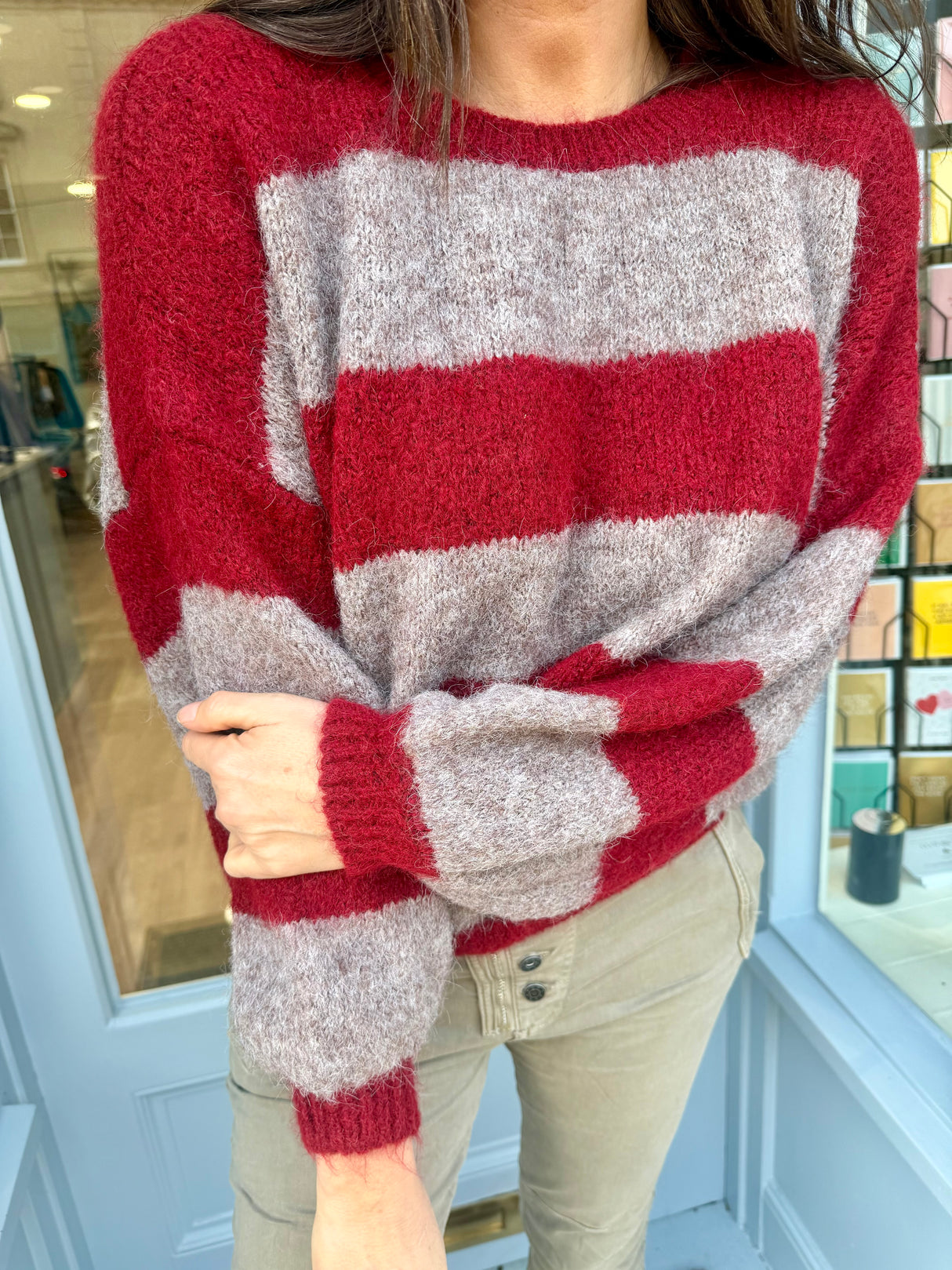 Evelyn Stripe Crew - Burgundy/Taupe