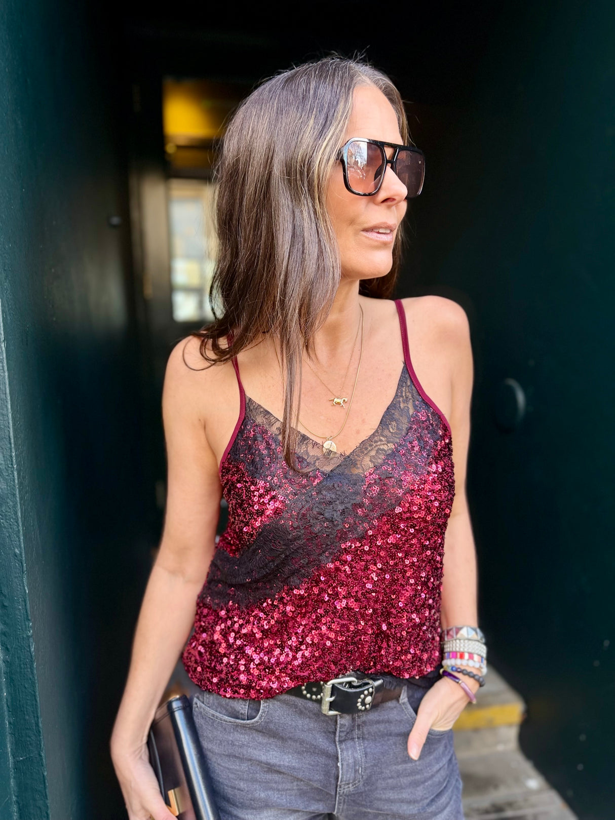 Harley Lace Sequin Cami - Cherry