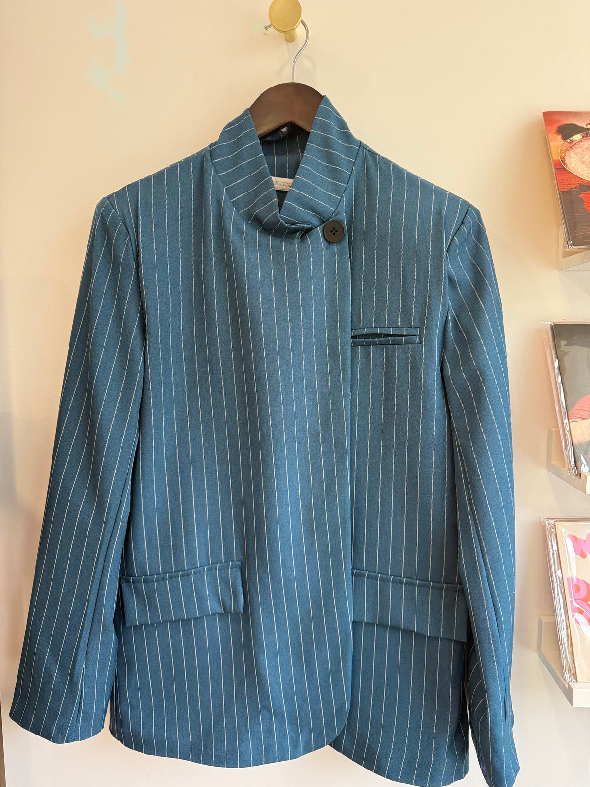 Pinstripe Funnel Neck Blazer - Teal