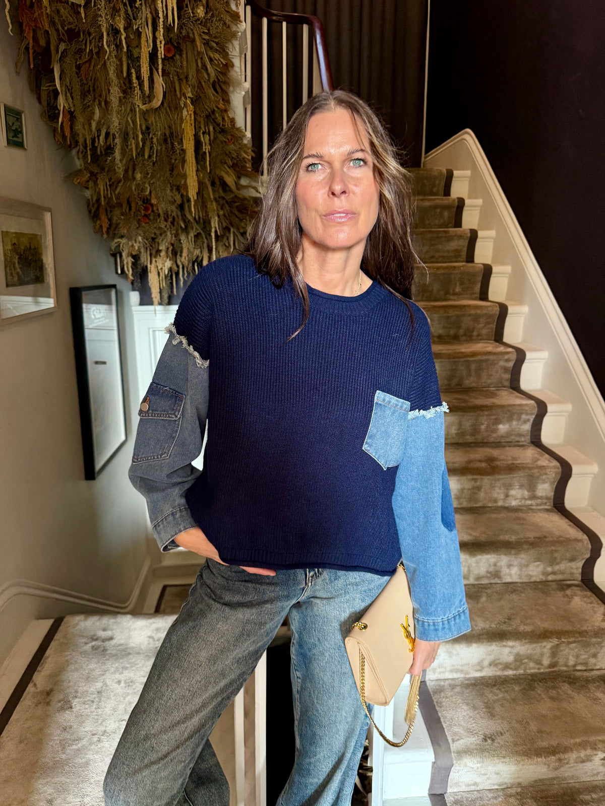 Bronte Knit With Denim Sleeve - Navy